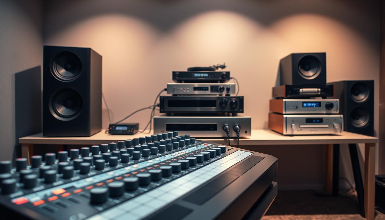 A high-end audio workstation sits atop a minimalist desk, bathed in soft, directional lighting. In the foreground, a premium-grade mixing console with sleek, brushed-metal knobs and faders dominates the scene. Behind it, a pair of towering, audiophile-grade speakers flank a state-of-the-art turntable and a stack of pristine, vintage-inspired audio components. The arrangement conveys a sense of precision, power, and refined aesthetic sensibility, perfectly suited for high-quality, lossless audio streaming.