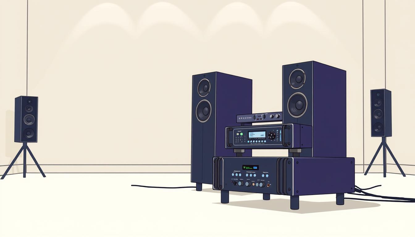 A high-quality, detailed illustration of a bi-amped audio setup. A clean, modern audio equipment rack in the foreground, housing two powerful amplifiers, each dedicated to driving a specific frequency range. In the middle ground, two premium floor-standing speakers are connected to the amplifiers, their design emphasizing audio fidelity. The background features a minimalist, well-lit studio or listening room, with subtle ambient lighting highlighting the setup. The overall scene conveys a sense of audiophile precision, technical prowess, and the potential for exceptional sound reproduction. A high-quality, detailed illustration of a bi-amped audio setup. A clean, modern audio equipment rack in the foreground, housing two powerful amplifiers, each dedicated to driving a specific frequency range. In the middle ground, two premium floor-standing speakers are connected to the amplifiers, their design emphasizing audio fidelity. The background features a minimalist, well-lit studio or listening room, with subtle ambient lighting highlighting the setup. The overall scene conveys a sense of audiophile precision, technical prowess, and the potential for exceptional sound reproduction.