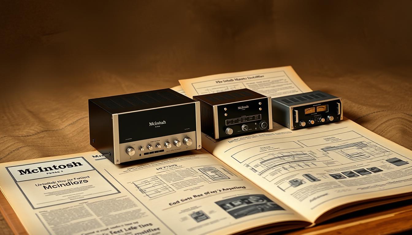 A high-quality, detailed illustration of a vintage McIntosh amplifier model guide, showcasing the technical innovations and design evolution of these iconic audio components. The guide features precise, technical diagrams and schematics against a muted, earthy backdrop, conveying a sense of heritage and expertise. The lighting is soft and directional, highlighting the intricate details and curves of the amplifier components. The composition balances technical precision with an artful, editorial aesthetic, drawing the viewer's attention to the ingenuity and craftsmanship that define the McIntosh brand. A high-quality, detailed illustration of a vintage McIntosh amplifier model guide, showcasing the technical innovations and design evolution of these iconic audio components. The guide features precise, technical diagrams and schematics against a muted, earthy backdrop, conveying a sense of heritage and expertise. The lighting is soft and directional, highlighting the intricate details and curves of the amplifier components. The composition balances technical precision with an artful, editorial aesthetic, drawing the viewer's attention to the ingenuity and craftsmanship that define the McIntosh brand.