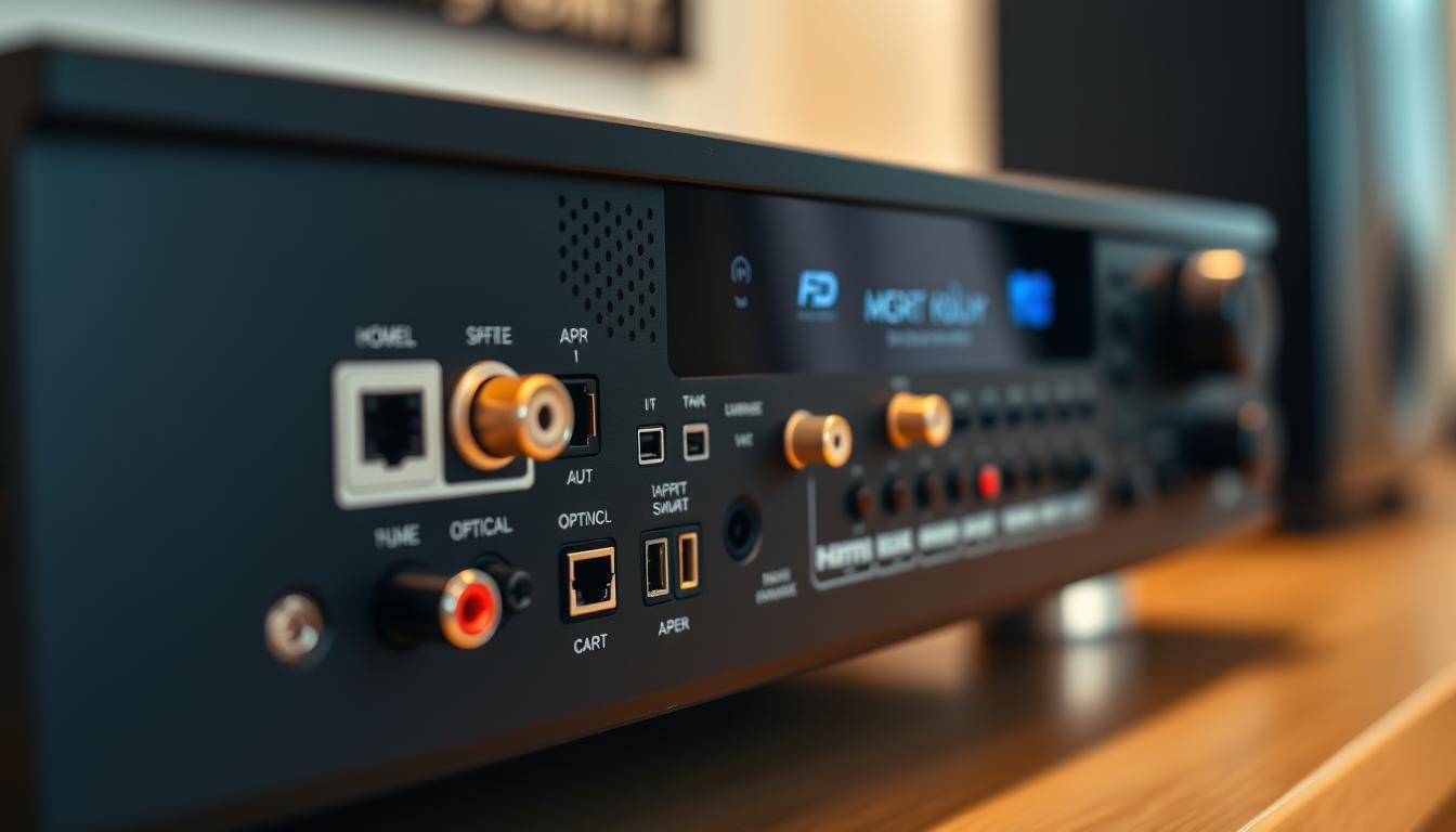 A highly detailed, close-up photograph of the rear panel of a state-of-the-art AV receiver, showcasing its various connectivity options. The image is captured with a professional-grade camera, using a shallow depth of field to focus attention on the ports and sockets. Crisp, clean lighting illuminates the receiver's sleek, modern design, with a slightly warm color temperature to convey a sense of sophistication. The composition emphasizes the key inputs and outputs, such as HDMI, RCA, optical, and Ethernet connections, allowing the viewer to clearly understand the connectivity capabilities of the device. The overall mood is one of technical precision and high-end audio/visual integration.