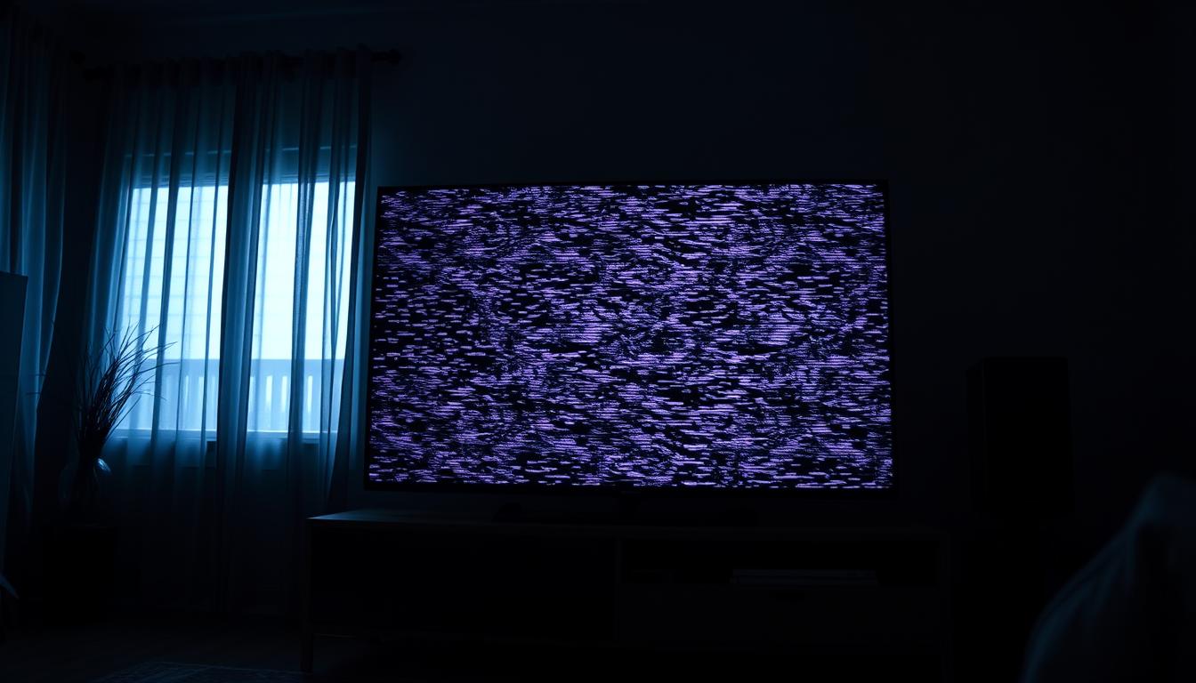 A living room setting with a large, modern TV on a media console. The TV screen displays distorted, pixelated dialogue, with visible noise and compression artifacts. The room is dimly lit, creating a moody atmosphere. Shadows and highlights emphasize the technical issues plaguing the image. The camera angle is slightly low, giving a sense of the TV dominating the space. The composition balances the prominent TV with the surrounding decor, hinting at the disconnect between advanced technology and subpar performance. A living room setting with a large, modern TV on a media console. The TV screen displays distorted, pixelated dialogue, with visible noise and compression artifacts. The room is dimly lit, creating a moody atmosphere. Shadows and highlights emphasize the technical issues plaguing the image. The camera angle is slightly low, giving a sense of the TV dominating the space. The composition balances the prominent TV with the surrounding decor, hinting at the disconnect between advanced technology and subpar performance.