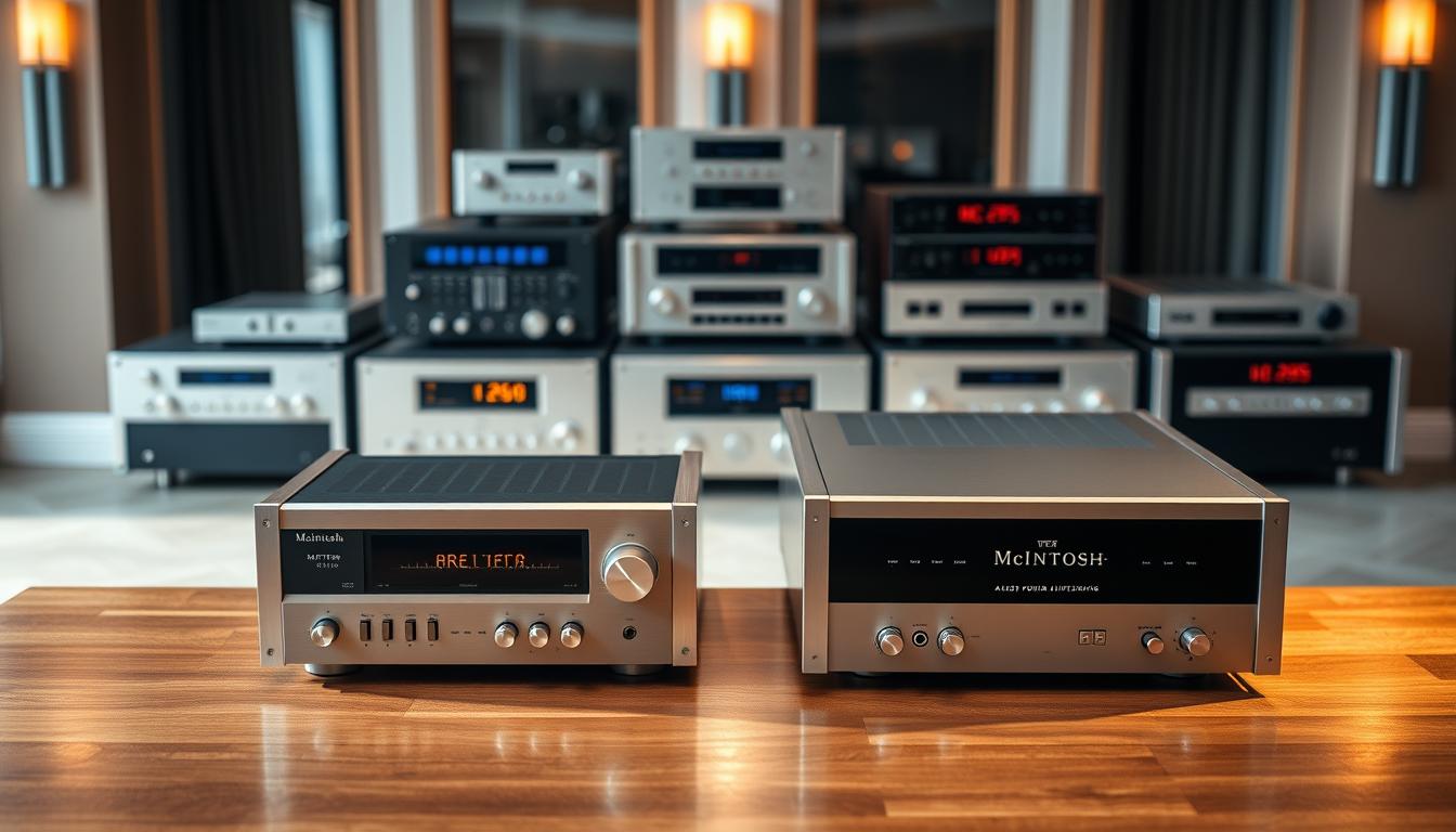 A meticulously arranged display of vintage McIntosh receiver models, showcasing their timeless design and impeccable engineering. In the foreground, a sleek McIntosh MR78 tuner and an MC2105 power amplifier sit atop a polished wooden surface, their silver and black panels gleaming under warm, focused lighting. In the middle ground, a collection of additional models, such as the iconic MC275 and the modern MA8000, are arranged in a visually striking configuration, highlighting the evolution of the brand's iconic aesthetic. The background features a softly blurred, sophisticated interior setting, hinting at the high-end, audiophile environment these receivers would thrive in. The overall scene conveys a sense of reverence and appreciation for these timeless audio masterpieces. A meticulously arranged display of vintage McIntosh receiver models, showcasing their timeless design and impeccable engineering. In the foreground, a sleek McIntosh MR78 tuner and an MC2105 power amplifier sit atop a polished wooden surface, their silver and black panels gleaming under warm, focused lighting. In the middle ground, a collection of additional models, such as the iconic MC275 and the modern MA8000, are arranged in a visually striking configuration, highlighting the evolution of the brand's iconic aesthetic. The background features a softly blurred, sophisticated interior setting, hinting at the high-end, audiophile environment these receivers would thrive in. The overall scene conveys a sense of reverence and appreciation for these timeless audio masterpieces.