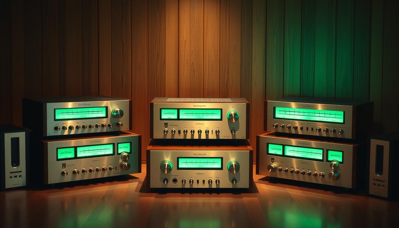 A meticulously arranged display of vintage McIntosh receivers, each a testament to the brand's timeless design and audio engineering prowess. The sleek, brushed aluminum panels and distinctive green backlighting of these mid-century icons stand out against a dimly lit, wood-paneled backdrop, casting a warm, nostalgic glow. The receivers are positioned with care, their knobs and dials inviting the viewer to imagine the rich, lush soundscapes they once produced. Subtle shadows and highlights accentuate the receivers' contours, conveying a sense of depth and dimensionality. The overall composition evokes a reverence for these classic audio components, showcasing them as prized collectibles worthy of admiration. A meticulously arranged display of vintage McIntosh receivers, each a testament to the brand's timeless design and audio engineering prowess. The sleek, brushed aluminum panels and distinctive green backlighting of these mid-century icons stand out against a dimly lit, wood-paneled backdrop, casting a warm, nostalgic glow. The receivers are positioned with care, their knobs and dials inviting the viewer to imagine the rich, lush soundscapes they once produced. Subtle shadows and highlights accentuate the receivers' contours, conveying a sense of depth and dimensionality. The overall composition evokes a reverence for these classic audio components, showcasing them as prized collectibles worthy of admiration.