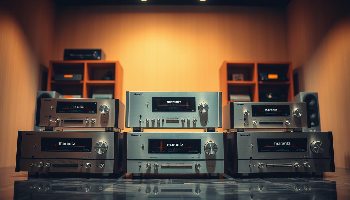 A meticulously crafted still life showcasing a collection of vintage Marantz receiver models, set against a warm, sepia-toned backdrop evocative of a classic audio showroom. The receivers, arranged with precision, exude a timeless elegance, their brushed aluminum panels and wood-grain accents gleaming under the soft, directional lighting. The scene captures the essence of Marantz's enduring design legacy, inviting the viewer to imagine the rich, analog sound these iconic components would produce. The overall composition conveys a sense of reverence for the brand's storied history and the audiophile's appreciation for meticulously engineered, high-fidelity equipment.