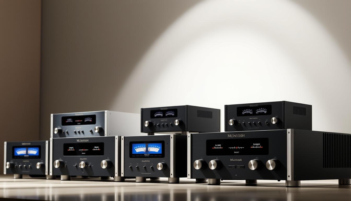 A meticulously detailed image showcasing a collection of iconic McIntosh receiver models. Prominently displayed in the foreground, several sleek and sophisticated receiver units in their signature black and silver aesthetic, their distinctive analog meters and control knobs precisely rendered. In the middle ground, a clean, minimalist background allows the receivers to take center stage, while soft, directional lighting casts subtle shadows, accentuating their elegant design. The overall mood is one of refined sophistication, evoking the timeless allure of McIntosh's audiophile heritage. A meticulously detailed image showcasing a collection of iconic McIntosh receiver models. Prominently displayed in the foreground, several sleek and sophisticated receiver units in their signature black and silver aesthetic, their distinctive analog meters and control knobs precisely rendered. In the middle ground, a clean, minimalist background allows the receivers to take center stage, while soft, directional lighting casts subtle shadows, accentuating their elegant design. The overall mood is one of refined sophistication, evoking the timeless allure of McIntosh's audiophile heritage.