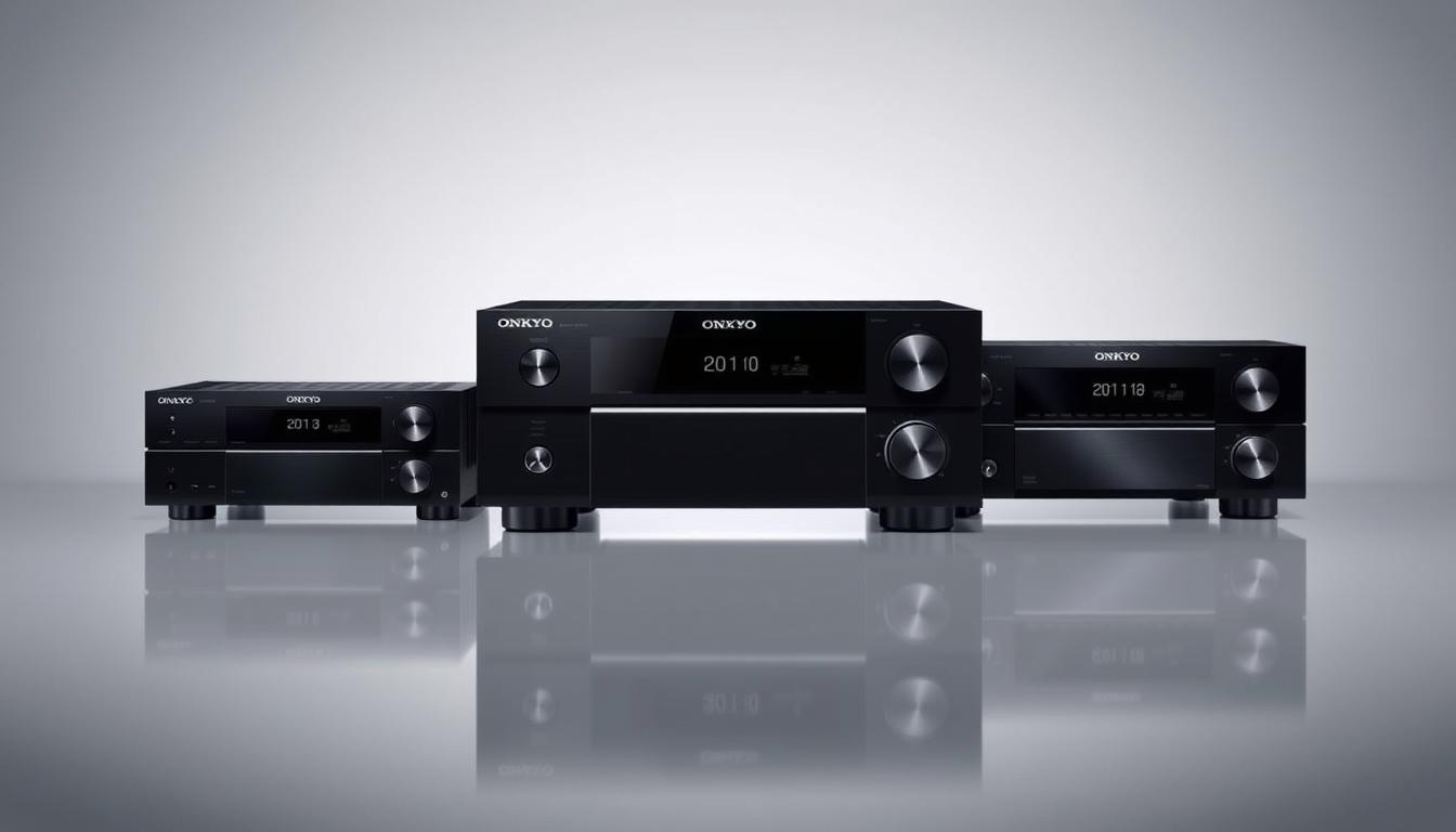 A minimalist, clean-lined arrangement of three Onkyo audio receivers displayed in profile, showcasing their evolution from 2010 to 2012. The receivers are positioned on a sleek, reflective surface, allowing for a clean, uncluttered composition. Soft, directional lighting illuminates the receivers, highlighting their distinctive design elements and tactile controls. The background is a muted, gradient-based environment, drawing focus to the central subjects. The overall mood is one of technological refinement and visual clarity, reflecting the advancements in Onkyo's receiver design during this pivotal period.