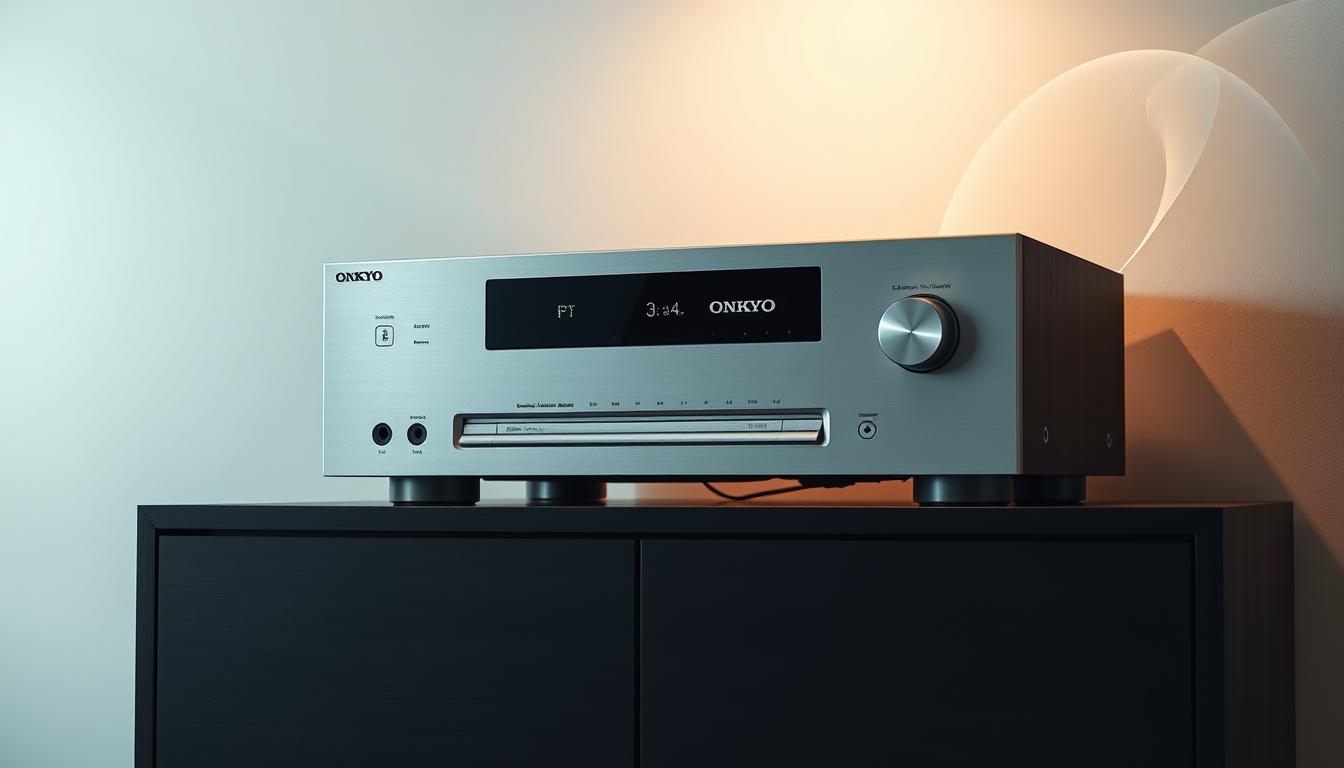 A minimalist, high-end Onkyo stereo receiver sits prominently on a dark wooden cabinet, its sleek brushed aluminum facade and clean lines exuding a sense of sophistication. Strategically placed studio lighting casts a warm, focused glow on the receiver, highlighting its precision-engineered controls and sturdy build quality. In the background, a sparse, neutral-toned environment allows the receiver to be the central focus, showcasing its pure audio performance capabilities. The image conveys a mood of understated elegance and a commitment to exceptional sound reproduction.
