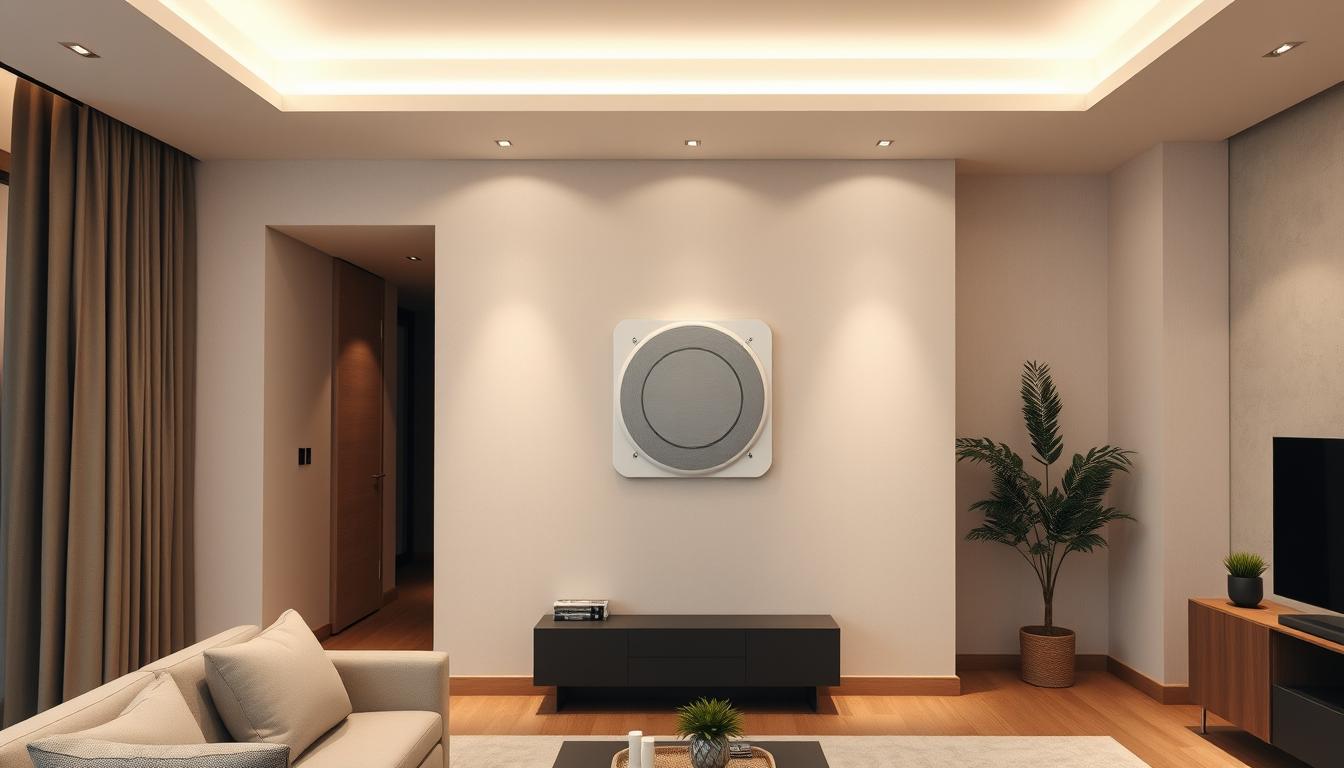 A minimalist home interior with a sleek, built-in audio system. The focus is on a clean, wire-concealed wall-mounted speaker, seamlessly integrated into the neutral-toned decor. Soft, indirect lighting casts a warm glow, creating a cozy, inviting atmosphere. The room features modern, understated furnishings, with a subtle texture on the walls to suggest a premium finish. The overall impression is one of elegant, unobtrusive technology that enhances the living space without dominating it. A wide-angle lens captures the entire scene, showcasing the discreet, non-destructive installation.