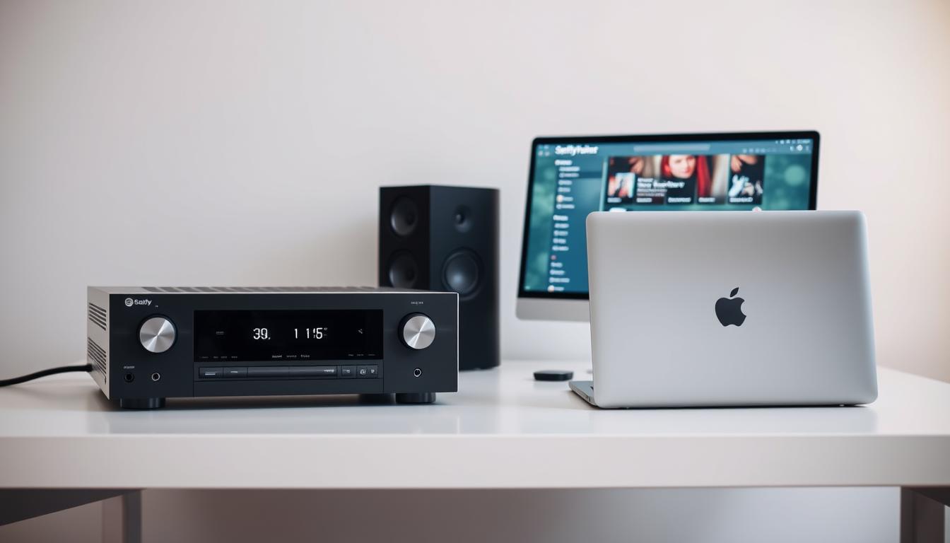 A minimalist, well-lit Spotify music streaming setup on a modern, uncluttered desk. In the foreground, a sleek, high-end AV receiver with clean lines and a premium finish. Placed adjacent, a silver-gray laptop or desktop computer, its screen displaying the Spotify interface. In the middle ground, a pair of high-quality studio monitor speakers, their drivers and cabinets crafted with precision. The background features a simple, neutral-toned wall, creating a calm, focused atmosphere for seamless, immersive music listening.