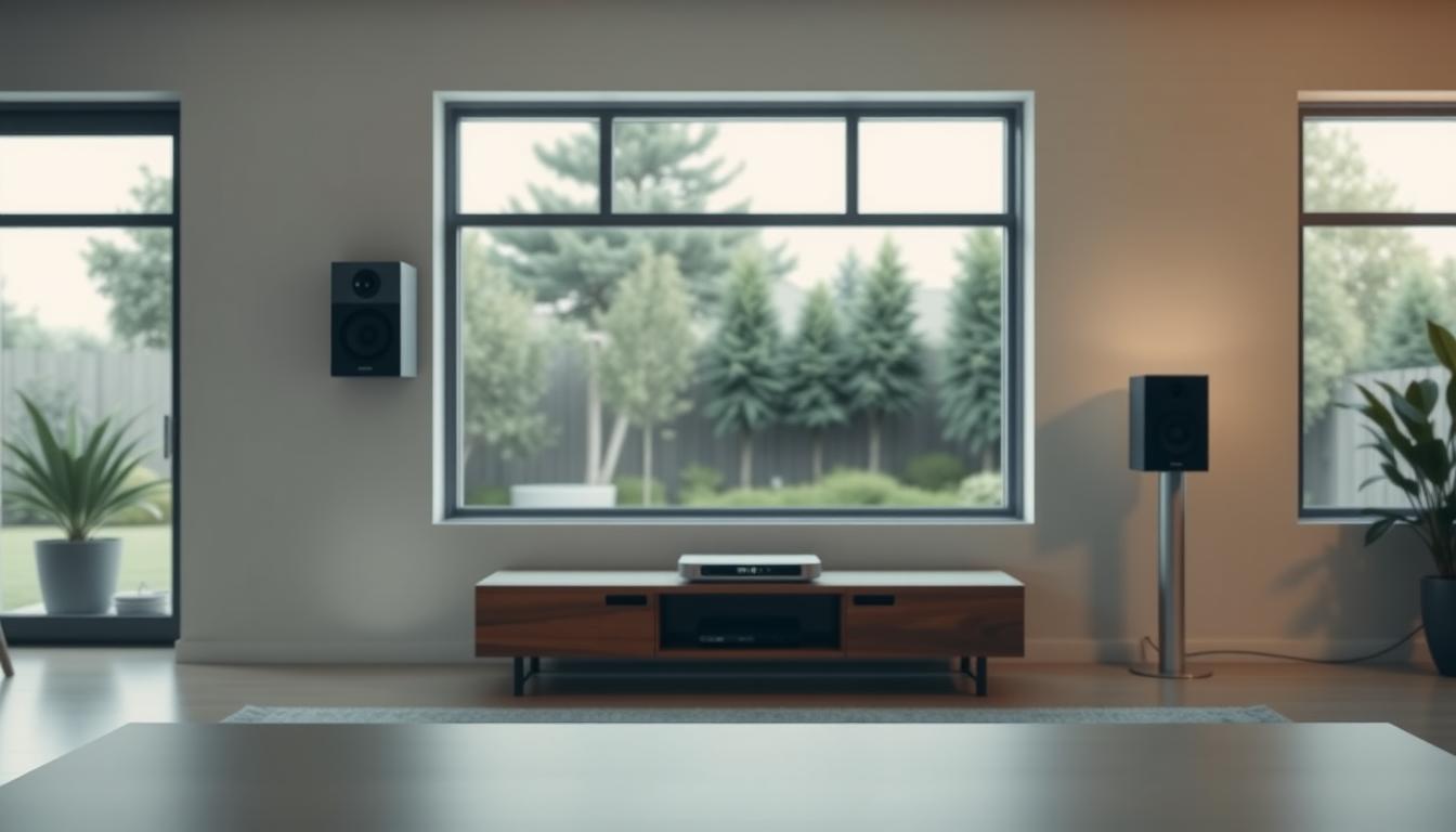 A modern, minimalist home interior with a sleek, minimalist wireless speaker system setup. In the foreground, a pair of high-end bookshelf speakers mounted on floating shelves, their clean lines and metallic accents complementing the neutral color palette. In the middle ground, a low, wooden media console houses a central wireless hub, its indicator lights glowing softly. The background features large windows overlooking a serene garden, the natural light creating a warm, inviting atmosphere. The room is bathed in soft, even lighting, conveying a sense of technological sophistication and seamless audio connectivity throughout the living space.