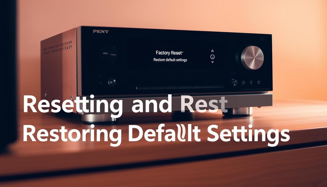 A modern, minimalist home theater receiver sits atop a clean, wooden surface. The receiver's display shows the "Factory Reset" menu, with options to restore default settings. The scene is bathed in warm, soft lighting, creating a calming, focused atmosphere. The receiver's sleek, metallic design contrasts elegantly with the natural wood tones. The angle emphasizes the receiver's control panel and display, drawing the viewer's attention to the reset process. The overall composition conveys a sense of simplicity and straightforward problem-solving, reflecting the "Resetting and Restoring Default Settings" section of the article. A modern, minimalist home theater receiver sits atop a clean, wooden surface. The receiver's display shows the "Factory Reset" menu, with options to restore default settings. The scene is bathed in warm, soft lighting, creating a calming, focused atmosphere. The receiver's sleek, metallic design contrasts elegantly with the natural wood tones. The angle emphasizes the receiver's control panel and display, drawing the viewer's attention to the reset process. The overall composition conveys a sense of simplicity and straightforward problem-solving, reflecting the "Resetting and Restoring Default Settings" section of the article.