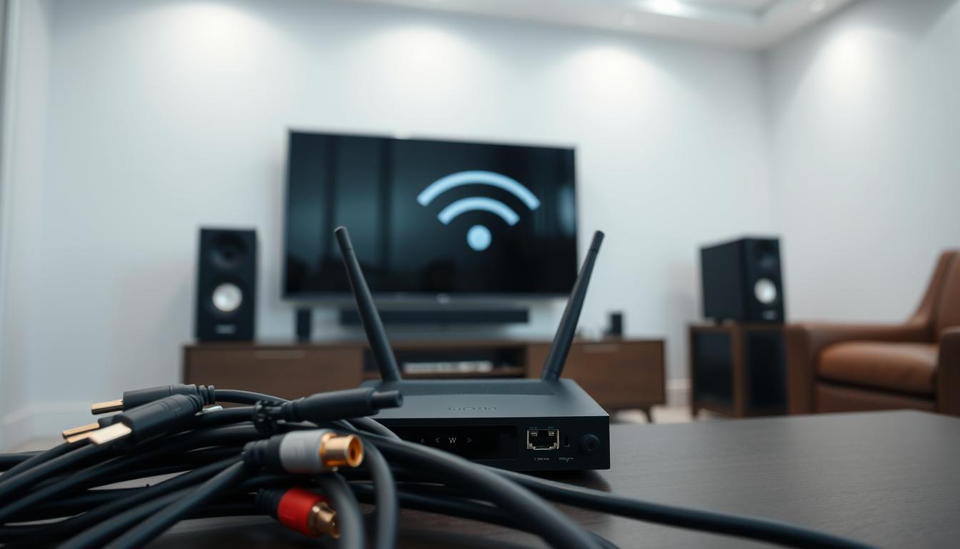 A modern, minimalist home theater setup with a sleek, wall-mounted TV and a state-of-the-art sound system. In the foreground, various audio cables, including HDMI, RCA, and ethernet, are neatly organized and connected to the TV and a central hub or receiver. In the middle ground, a wireless router or access point is prominently displayed, symbolizing the Wi-Fi connectivity option. The background features a clean, uncluttered living room with subtle lighting, creating a cozy and inviting atmosphere for optimal sound immersion.