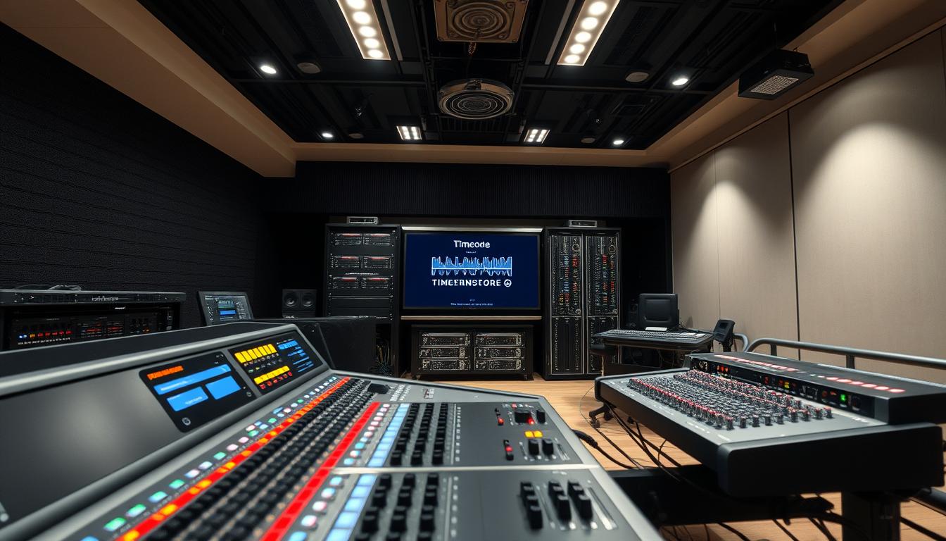 A modern, well-lit studio interior with a focus on a professional-grade audio synchronization system. In the foreground, an array of sleek, metallic audio interfaces and mixers with intricate control panels and LED displays. The middle ground features a server rack containing state-of-the-art synchronization hardware, with cables and wiring neatly organized. In the background, a large video screen displays a synchronized visual timecode, emphasizing the precision of the system. The overall lighting is bright and evenly distributed, creating a clean, technical atmosphere. The camera angle is slightly elevated, giving a comprehensive view of the setup.