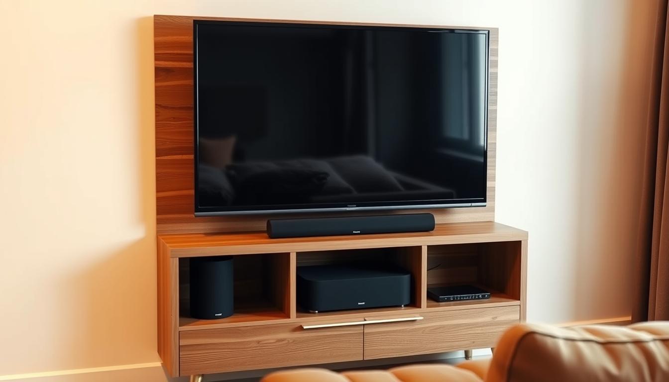A modest home theater setup on a budget, featuring a mid-size flat-screen TV mounted on a simple wooden wall unit, complemented by a compact soundbar and subwoofer system. The room is bathed in warm, ambient lighting, creating a cozy and inviting atmosphere. The components are arranged in a clean, minimalist layout, showcasing their functional design. Subtle textures and natural materials, such as the wood grain and fabric upholstery, lend a sense of tactility and quality to the setup, belying its budget-friendly nature. The overall impression is of a stylish, well-considered home entertainment solution that delivers an immersive cinematic experience without breaking the bank. A modest home theater setup on a budget, featuring a mid-size flat-screen TV mounted on a simple wooden wall unit, complemented by a compact soundbar and subwoofer system. The room is bathed in warm, ambient lighting, creating a cozy and inviting atmosphere. The components are arranged in a clean, minimalist layout, showcasing their functional design. Subtle textures and natural materials, such as the wood grain and fabric upholstery, lend a sense of tactility and quality to the setup, belying its budget-friendly nature. The overall impression is of a stylish, well-considered home entertainment solution that delivers an immersive cinematic experience without breaking the bank.