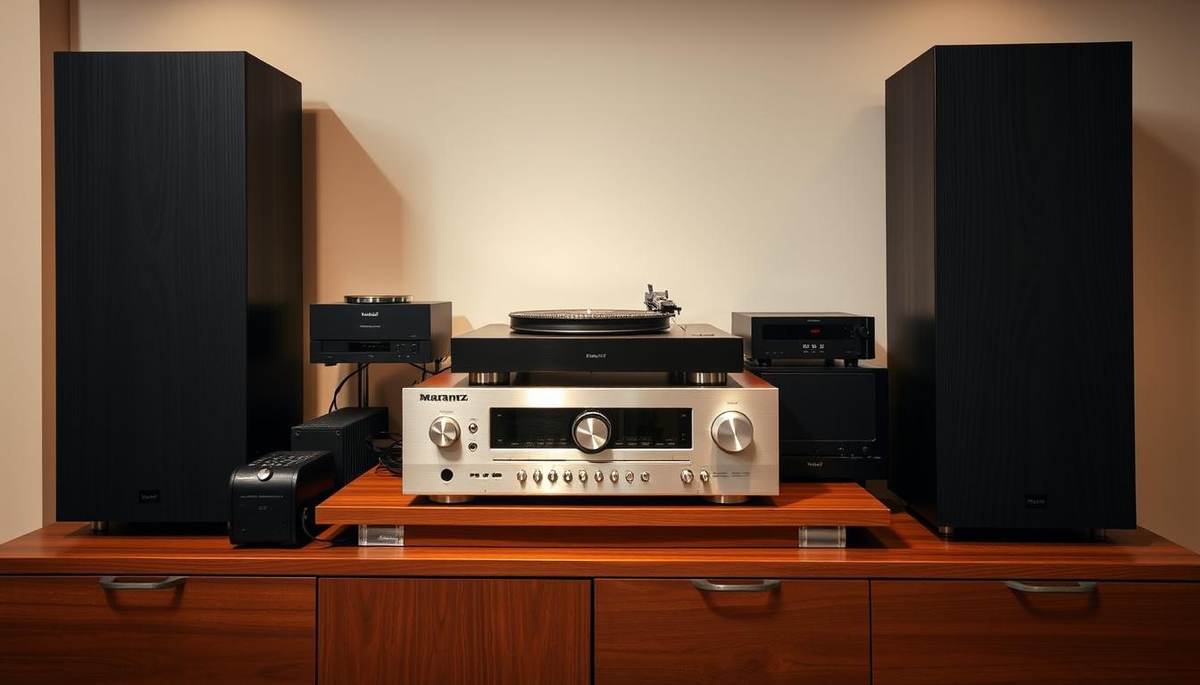 A neatly arranged Marantz stereo receiver setup on a sleek, wooden entertainment cabinet. The receiver stands prominently in the center, its brushed aluminum faceplate gleaming under warm, directional lighting. Surrounding it are high-quality audio components - a turntable, a CD player, and a streaming device - all connected via premium cables. The setup is complemented by a pair of large, floor-standing speakers positioned on either side, their black wooden cabinets and metallic grilles creating a sophisticated, audiophile-grade aesthetic. The scene conveys a sense of meticulous organization and a focus on exceptional sound quality, perfectly suited for an article on upgrading home audio with a Marantz receiver.
