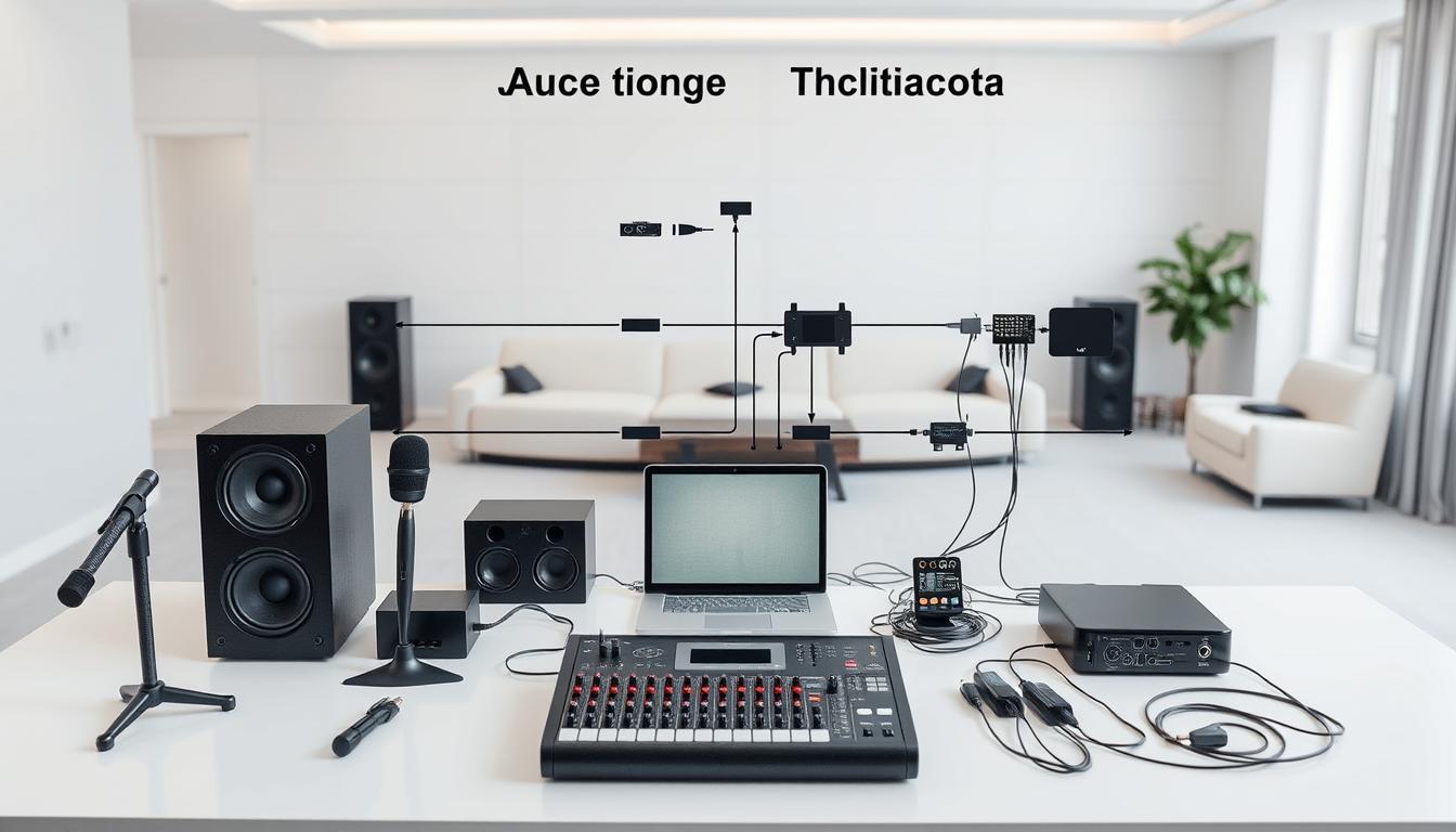 A neatly arranged diagram showcasing a step-by-step audio synchronization setup. In the foreground, various audio equipment like microphones, speakers, and mixing consoles are placed on a clean, minimalist desk. The middle ground features interconnected cables, adapters, and a laptop or desktop computer, illustrating the data flow and connectivity. The background depicts a modern, well-lit room with subtle wall textures and neutral-toned furnishings, creating a professional, technical atmosphere. The overall composition is balanced, with a focus on clarity and functionality, guiding the viewer through the essential components of an effective audio synchronization system.