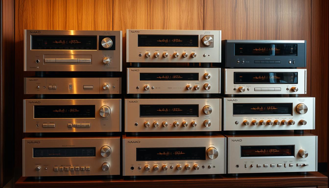 A neatly arranged display of vintage NAD audio receivers, bathed in warm, golden lighting that accentuates their sleek, minimalist designs. The receivers, with their brushed aluminum fascias and clean, linear controls, are set against a backdrop of subtle wood paneling, evoking the sophisticated aesthetic of the 1970s. The scene captures the essence of NAD's foundational years, when the brand's commitment to quality and innovation laid the groundwork for their enduring popularity among audiophiles.