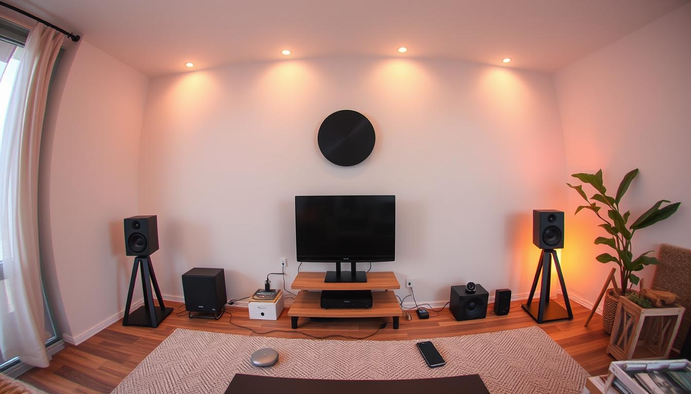 A neatly organized DIY audio zone setup with a central voice control device, sleek smart speakers artfully arranged, and an unobtrusive wiring system seamlessly integrated into the room's natural decor. Warm, ambient lighting casts a cozy glow, complementing the modern minimalist aesthetic. The scene conveys a sense of effortless smart home automation, where technology blends harmoniously with the living space. A high-quality fisheye lens captures the setup from an elevated angle, showcasing its clean, intuitive design that would appeal to a tech-savvy homeowner.