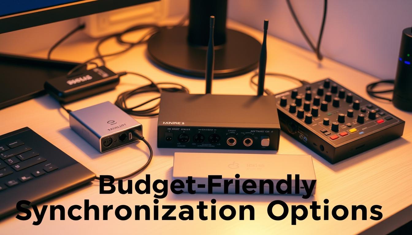 A neatly organized desktop with various budget-friendly audio synchronization devices, including a compact USB audio interface, a wireless transmitter and receiver pair, and a simple mixer. The scene is bathed in warm, soft lighting, highlighting the functional yet minimalist design of the equipment. The devices are arranged in a visually appealing manner, suggesting a practical and efficient audio setup. The overall atmosphere conveys a sense of simplicity and accessibility, catering to the needs of the "Budget-Friendly Synchronization Options" section.