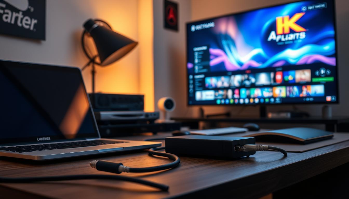 A neatly organized home office desk with a laptop, ethernet cable, and networking equipment. Diffused lighting casts a warm glow, highlighting the sleek, modern devices. In the background, a large 4K display showcases vibrant, high-resolution streaming content. The scene conveys a sense of efficiency and technological prowess, perfectly suited for optimizing an ethernet setup for 4K streaming.