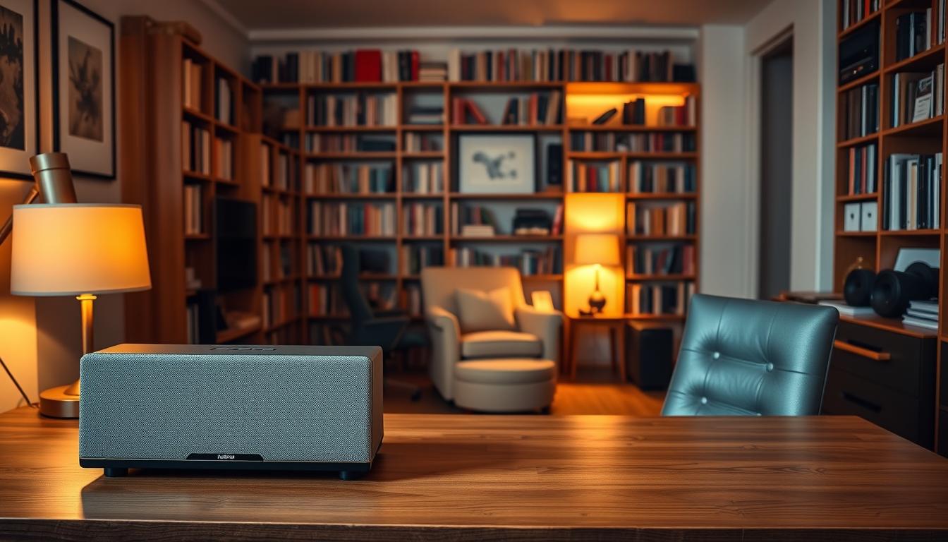 A neatly organized home office with a stylish, multi-room audio setup. In the foreground, a wooden desk features a sleek, modern speaker system with seamlessly integrated connectivity. The middle ground showcases a cozy reading nook, complete with a plush armchair and a pair of wireless surround sound speakers, bathed in warm, ambient lighting. In the background, floor-to-ceiling bookshelves line the walls, creating a refined, intellectual atmosphere. The overall scene conveys a harmonious blend of productivity and relaxation, where high-quality audio enhances the functionality and ambiance of the workspace.