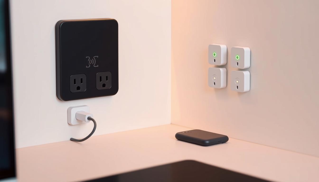 A neatly organized power strip nestled in the corner of a clean, minimalist workspace. Discreet wireless receivers blend seamlessly into the background, ready to distribute audio signals effortlessly. Subtle LED indicators provide visual feedback, guiding the user through a hassle-free setup. Sleek, modern design elements evoke a sense of technological sophistication, while the absence of tangled cables or drilling marks conveys the ease of this "no-reno" audio zone installation. Warm, directional lighting accentuates the tidy, efficient layout, showcasing the invisible, seamless integration of power and audio distribution.