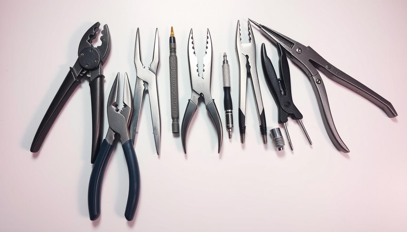 A neatly organized set of wire strippers, crimping pliers, and soldering tools against a clean, well-lit workbench. The tools have a metallic, professional sheen, arranged in a visually appealing pattern. The background is a soft, neutral tone, allowing the essential wire repair instruments to take center stage. Diffused lighting casts subtle shadows, emphasizing the textures and contours of each tool. The overall impression is one of precision, functionality, and a sense of the expertise required to skillfully repair damaged audio wires.