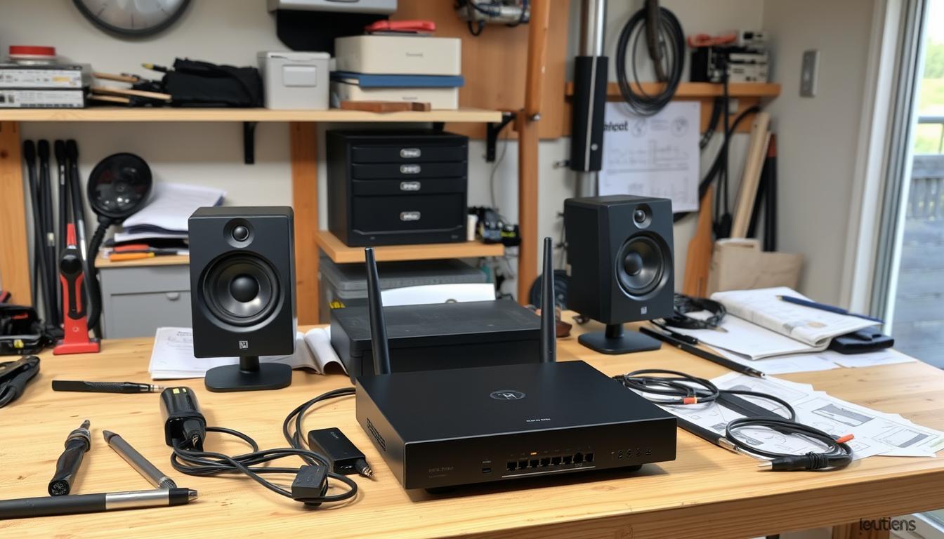 A neatly organized workbench in a well-lit home workshop, featuring a sound system with sleek, modern speakers and a network router. The setup is surrounded by tools, cables, and technical schematics, hinting at the process of optimizing the Wi-Fi connectivity for the outdoor audio zones. The scene conveys a sense of focus and problem-solving, with a neutral, slightly technical atmosphere.