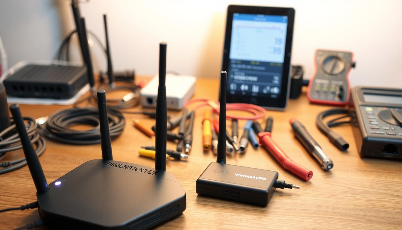 A neatly organized workbench with an array of wireless audio equipment and tools. In the foreground, a router, network switch, and wireless transmitter sit atop a wooden surface, their status lights blinking. Behind them, a tablet or smartphone displays a troubleshooting interface, showcasing wireless signal strength and connection details. The middle ground features various cable adapters, connectors, and a multimeter, hinting at the technical nature of the task. The background is softly lit, casting a warm glow and creating a focused, problem-solving atmosphere. Careful composition and attention to detail convey the essence of "easy audio zone installation troubleshooting".