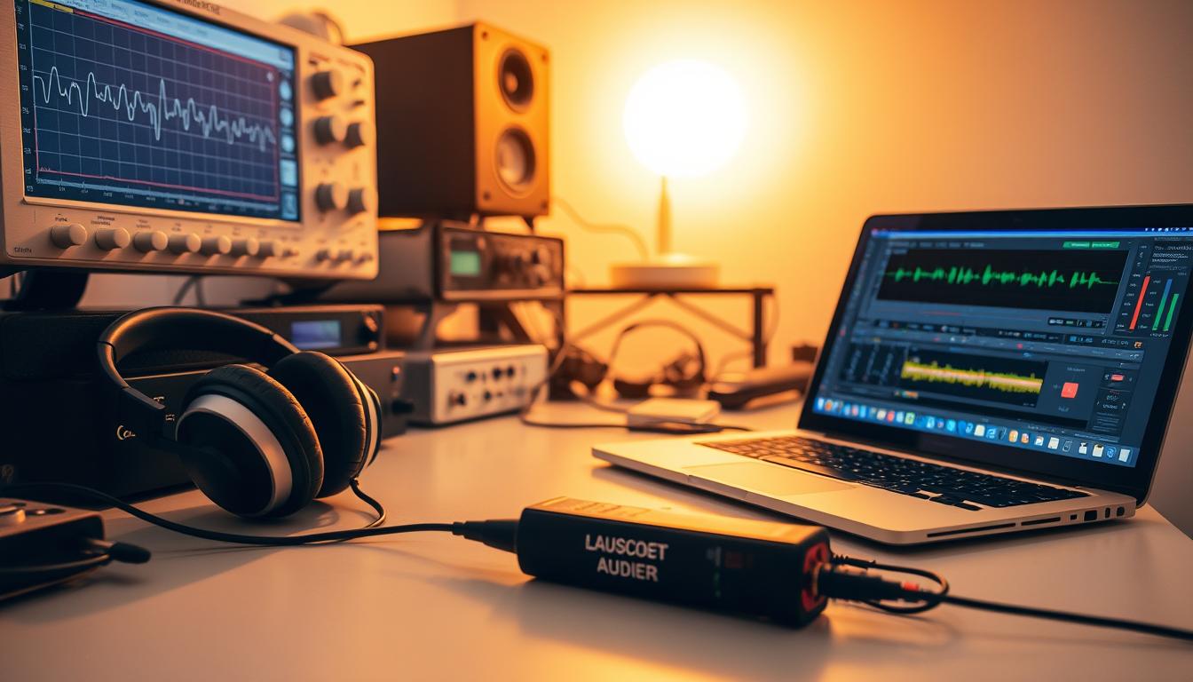 A neatly organized workstation displays an array of audio diagnostic tools, including a spectrum analyzer, oscilloscope, and audio interface. The scene is bathed in a warm, focused light, creating a sense of precision and professionalism. In the foreground, a pair of high-quality headphones and a cable tester suggest the meticulous process of troubleshooting audio synchronization issues. The middle ground features a laptop with audio editing software open, hinting at the digital analysis required to identify and resolve persistent latency problems. The background showcases a clean, minimalist workspace, emphasizing the importance of a distraction-free environment for effective audio troubleshooting.
