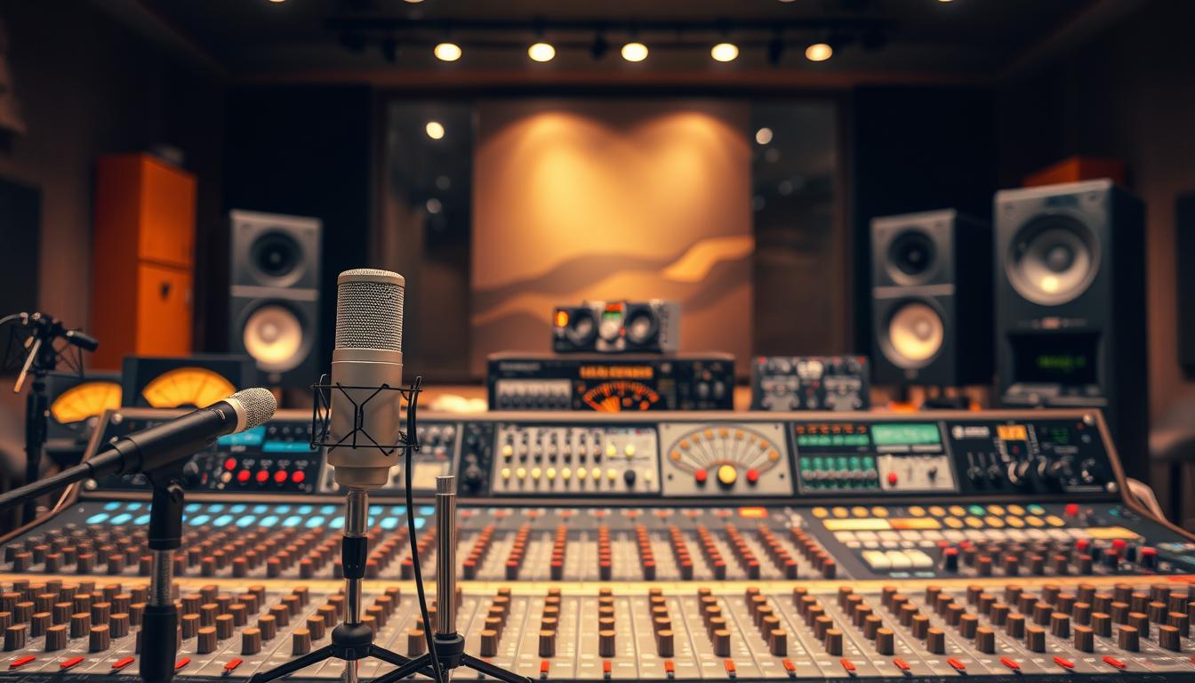 A professional audio studio setup with an array of mixing console knobs, sliders, and meters arranged in a visually appealing manner. The foreground features several high-quality, vintage-inspired microphones positioned to capture clear, natural-sounding vocals. The middle ground showcases various audio processing equipment such as equalizers, compressors, and effects units, all neatly organized and illuminated by warm, diffused lighting. The background depicts a softly blurred, modern recording studio environment, conveying a sense of technical expertise and sophisticated sound engineering. The overall mood is one of precision, control, and the pursuit of audio perfection. A professional audio studio setup with an array of mixing console knobs, sliders, and meters arranged in a visually appealing manner. The foreground features several high-quality, vintage-inspired microphones positioned to capture clear, natural-sounding vocals. The middle ground showcases various audio processing equipment such as equalizers, compressors, and effects units, all neatly organized and illuminated by warm, diffused lighting. The background depicts a softly blurred, modern recording studio environment, conveying a sense of technical expertise and sophisticated sound engineering. The overall mood is one of precision, control, and the pursuit of audio perfection.