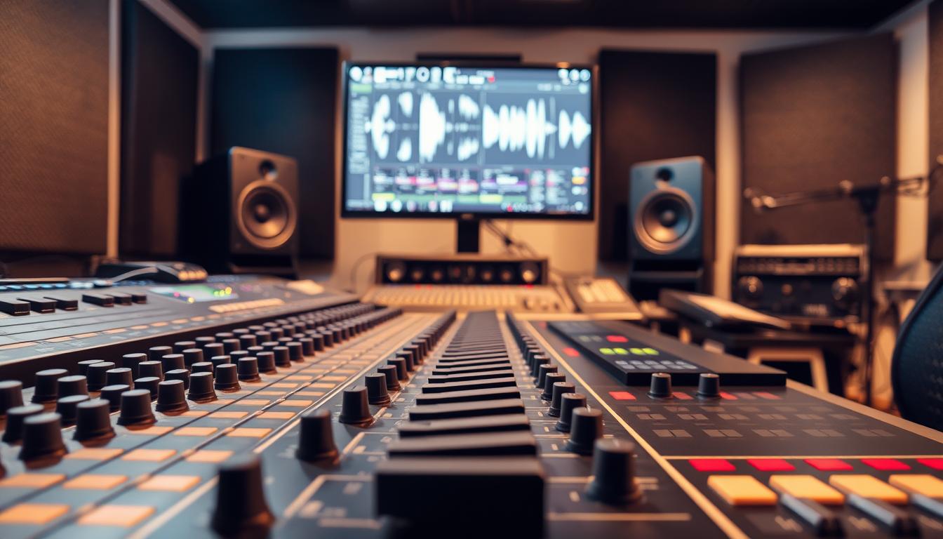 A professional sound engineer's workstation, showcasing the process of volume leveling. In the foreground, a mixing console with precise sliders and knobs, illuminated by soft, warm lighting. In the middle ground, audio waveforms displayed on a high-resolution computer monitor, allowing for detailed analysis and adjustment. The background depicts a recording studio environment, with sound-dampening panels and professional-grade equipment, creating a sense of technical expertise and attention to detail. The overall atmosphere conveys the importance of meticulous volume control in achieving clear, balanced dialogue. A professional sound engineer's workstation, showcasing the process of volume leveling. In the foreground, a mixing console with precise sliders and knobs, illuminated by soft, warm lighting. In the middle ground, audio waveforms displayed on a high-resolution computer monitor, allowing for detailed analysis and adjustment. The background depicts a recording studio environment, with sound-dampening panels and professional-grade equipment, creating a sense of technical expertise and attention to detail. The overall atmosphere conveys the importance of meticulous volume control in achieving clear, balanced dialogue.