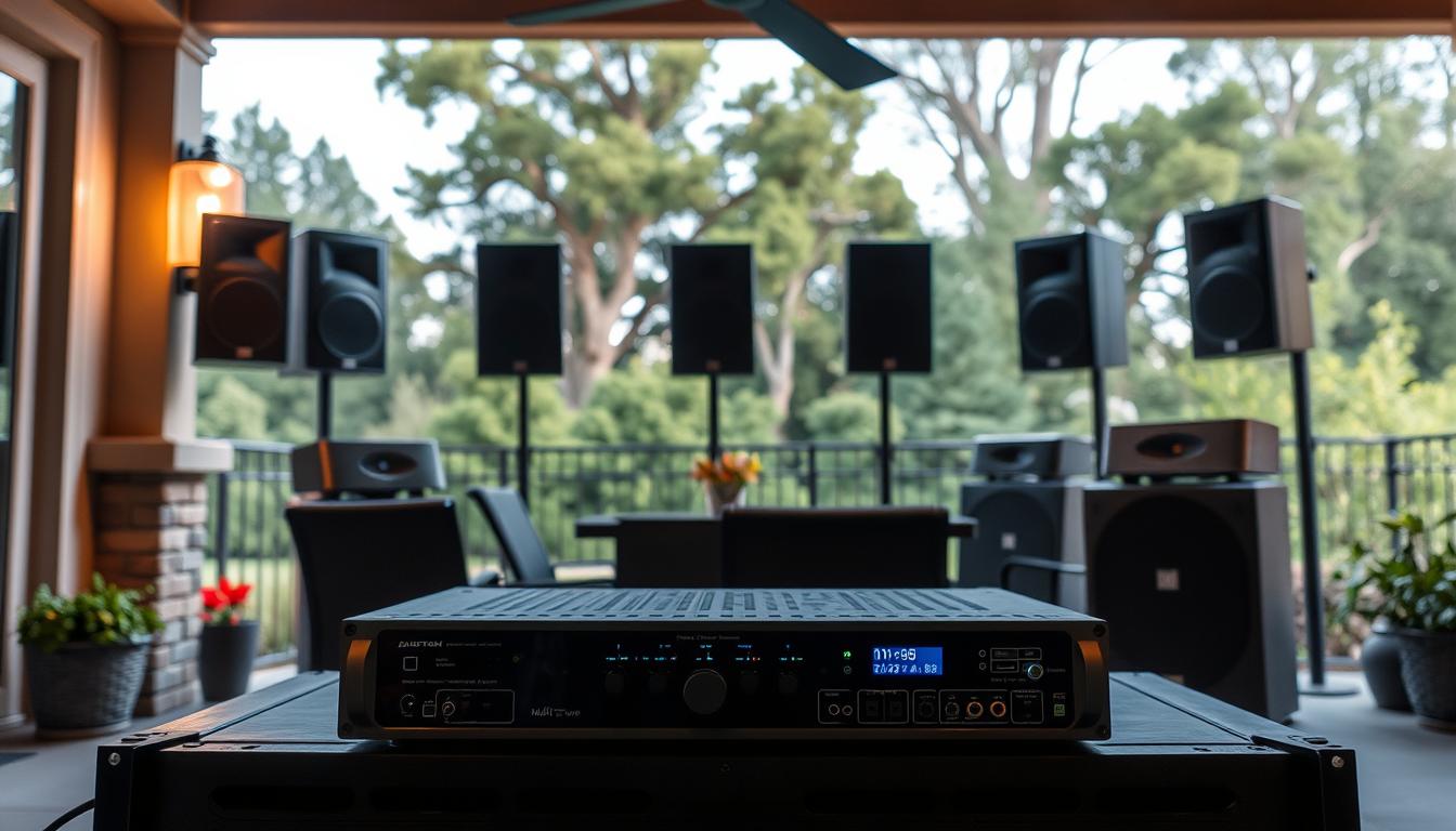A professional, well-organized multi-zone outdoor audio amplifier setup. In the foreground, a sleek, modern amplifier with multiple output channels and connectivity options sits on a sturdy rack. Behind it, an array of weatherproof speakers are mounted on the exterior walls, angled to provide even coverage across the patio and garden areas. Soft, warm lighting illuminates the setup, creating a cozy, inviting atmosphere. In the background, a lush, verdant landscape with towering trees sets the scene, hinting at the expansive, open-air environment this system is designed to fill with rich, immersive sound. The arrangement conveys a sense of thoughtful, integrated design, ready to elevate the outdoor entertainment experience.