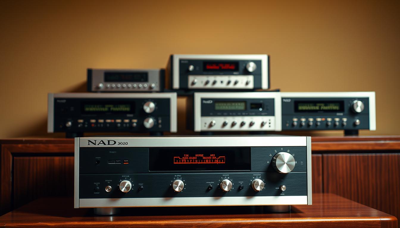 A retro-inspired scene of the NAD receiver models from the 1980s, showcased on a wooden cabinet against a warm, golden-hued backdrop. The receivers are elegantly displayed, their sleek black and silver panels reflecting the soft lighting. The foreground features a prominent NAD 3020 integrated amplifier, its classic design and precise knobs capturing the essence of the era. In the middle ground, additional NAD models from the decade are arranged, each with its distinct control layout and distinctive features. The background subtly suggests a cozy, vintage-inspired living room ambiance, with muted tones and a sense of nostalgic charm, perfectly complementing the technological marvels on display.