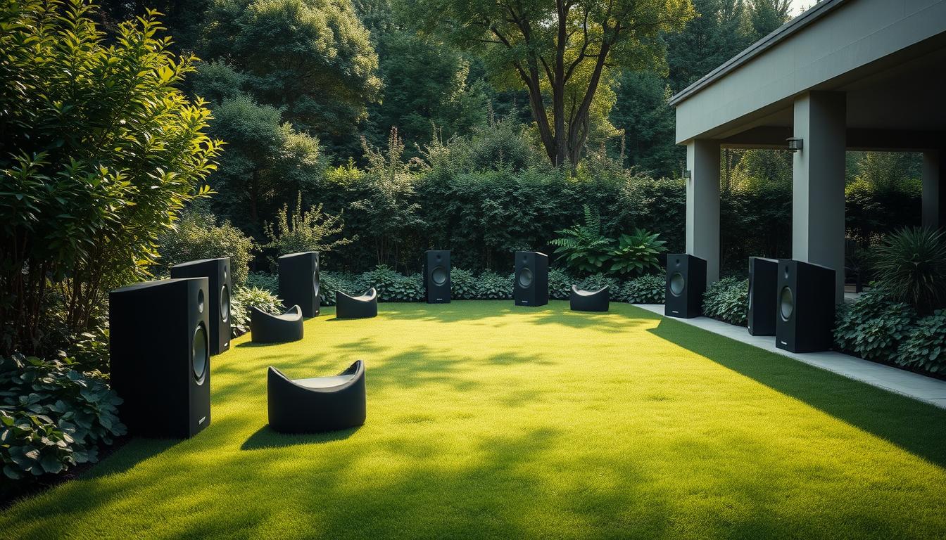 A serene outdoor setting with multiple speakers in sync, evenly dispersed across a lush, verdant landscape. Soft, diffused natural lighting illuminates the scene, casting gentle shadows. Speakers are seamlessly integrated into the environment, blending harmoniously with the surrounding foliage and architectural elements. The arrangement creates a cohesive, immersive audio experience, with each speaker contributing to the overall soundscape. The scene conveys a sense of tranquility and seamless audio integration, showcasing the possibilities of multi-room outdoor audio synchronization.