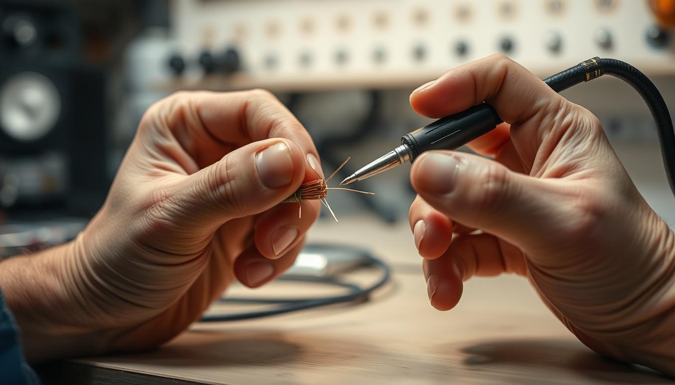 A skilled technician's hands carefully soldering speaker wire connections against a clean, well-lit workbench. The wire's copper strands glint under warm overhead lighting as the soldering iron's tip precisely fuses the joints. Solder flows smoothly, creating secure, low-resistance bonds. The focus is tight, emphasizing the intricate manual dexterity required. The background is blurred, minimizing distractions and drawing the viewer's attention to the delicate soldering process at the center of the frame.