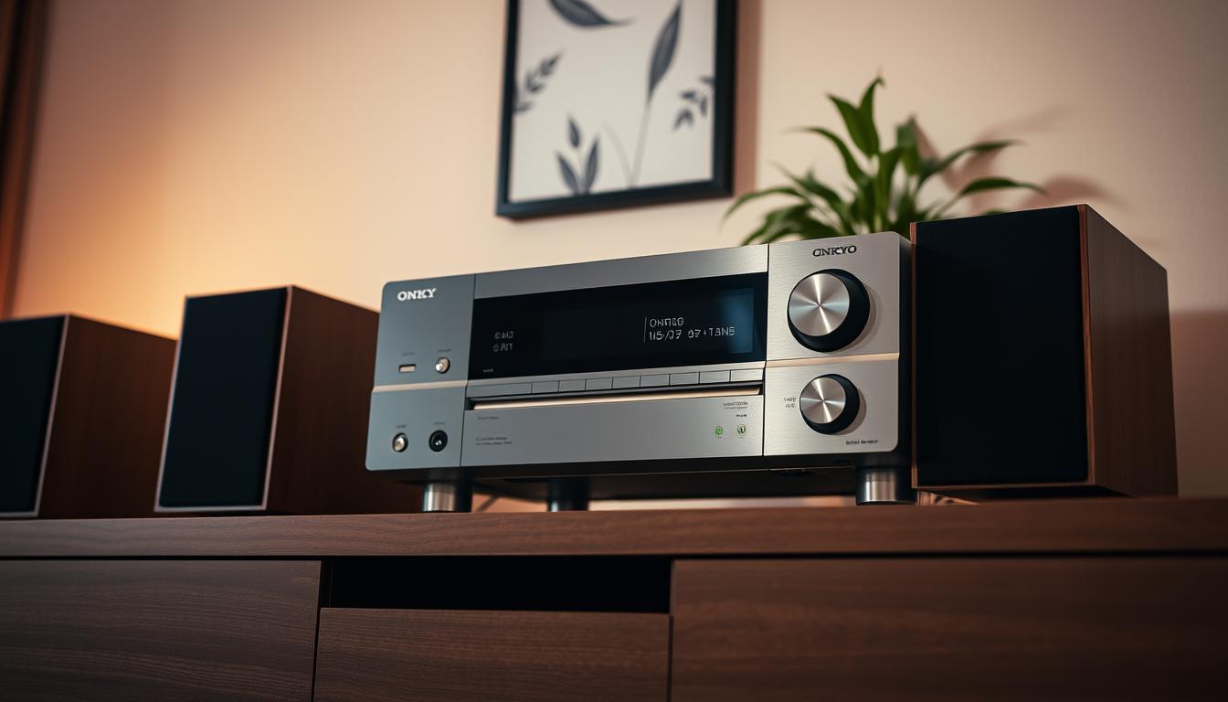 A sleek Onkyo receiver stands prominently on a wooden media console, showcasing its modern design and silver-toned finish. The device is flanked by speakers, hinting at its powerful audio capabilities. The scene is illuminated by soft, warm lighting, creating a cozy and inviting atmosphere. In the background, a minimalist wall decor and a potted plant add to the refined and stylish setting. The overall composition suggests the receiver's integration into a well-curated home entertainment setup, hinting at the potential issues that may arise with this model over time.