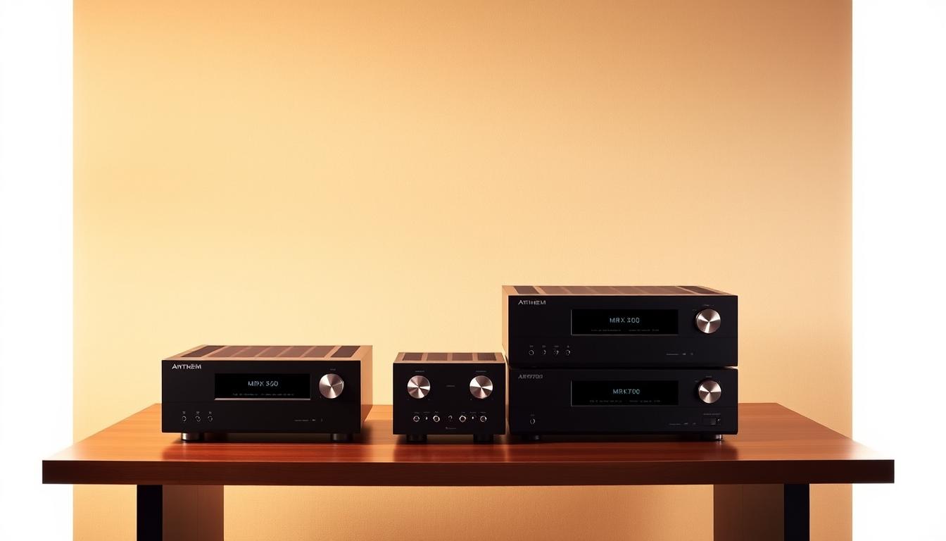 A sleek and elegant trio of Anthem MRX300, MRX500, and MRX700 audio receivers, showcased in a stylish minimalist setting. The receivers are positioned on a polished wooden table, bathed in warm, diffused lighting that accentuates their clean, modern design. The background is a subtly textured neutral wall, creating a serene and sophisticated atmosphere. The receivers are captured at a slight angle, highlighting their clean lines and premium build quality. The scene conveys a sense of timeless, high-quality audio engineering, embodying the essence of Anthem's "Foundation Series" during the 2010-2013 era.