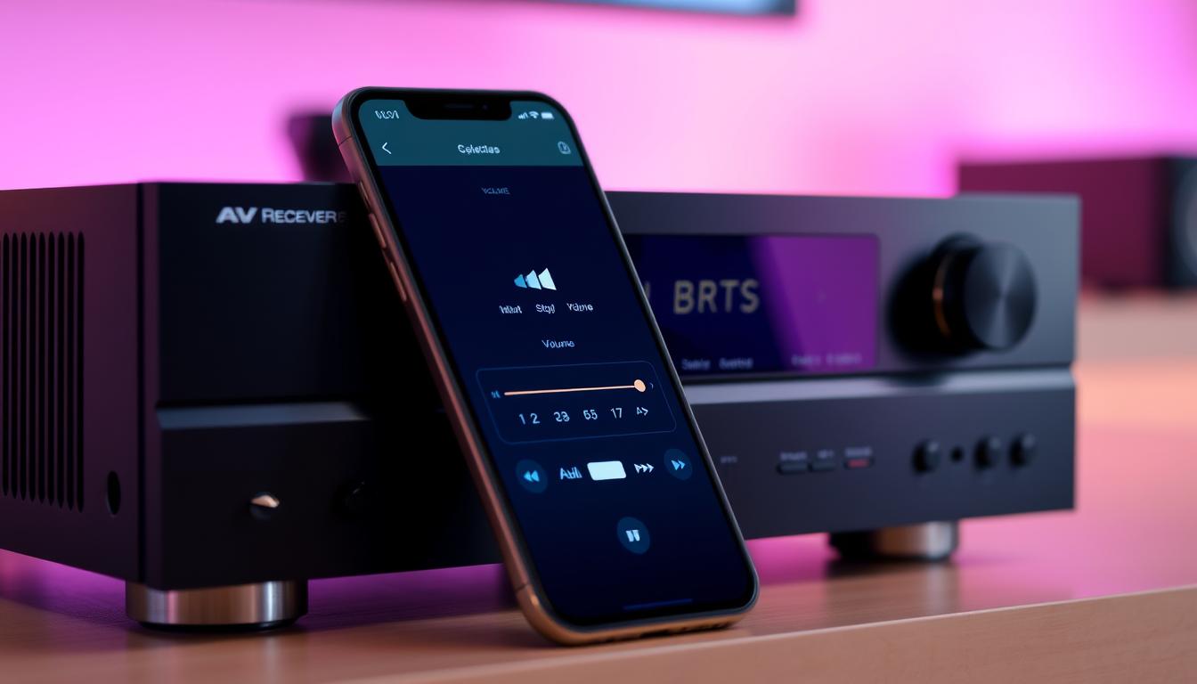 A sleek and modern AV receiver app setup, showcasing a minimalist user interface displayed on a high-resolution smartphone screen. The app features intuitive controls for adjusting volume, switching inputs, and managing various audio settings. The layout is clean and organized, with clearly labeled icons and options. Subtle ambient lighting sets a warm, inviting tone, complementing the app's sophisticated design. The screen is positioned at a slight angle, highlighting the device's premium build and the app's seamless integration with the AV receiver hardware. The overall scene conveys a sense of effortless control and a harmonious connection between the mobile device and the audio system.