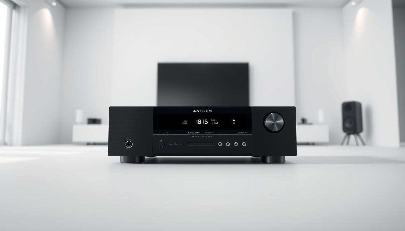 A sleek and modern Anthem AV receiver showcased in a minimalist, well-lit studio setting. The receiver is positioned prominently in the foreground, its various connectivity ports and inputs clearly visible. The mid-ground features a clean, white backdrop, allowing the receiver to be the focal point. The background subtly hints at a modern, tech-savvy home environment, with hints of smart home devices or other electronic components visible in the distance. The lighting is soft and diffused, creating a sense of sophistication and attention to detail. The overall mood is one of technological prowess, seamless integration, and the high-quality craftsmanship that defines the Anthem brand.