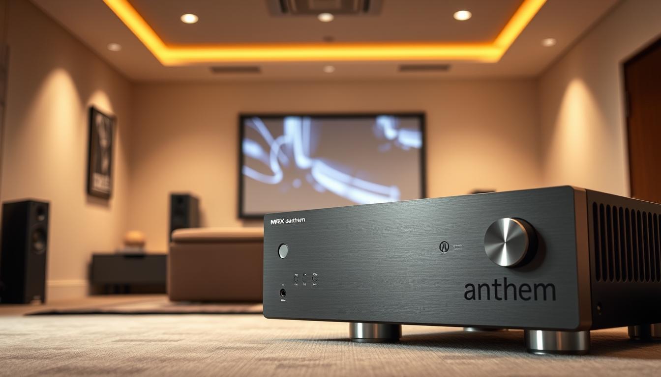 A sleek and modern Anthem MRX Series Receiver sits prominently in the foreground, its clean lines and premium metal chassis gleaming under warm, directional lighting. In the middle ground, a sophisticated home theater setup comes into view, with high-end speakers and a large projection screen. The background is filled with a minimalist, contemporary living space, accentuating the receiver's place as the centerpiece of an immersive, high-fidelity audio experience. The scene conveys a sense of technological sophistication and audiophile-grade performance, perfectly capturing the essence of Anthem's latest generation of MRX receivers.