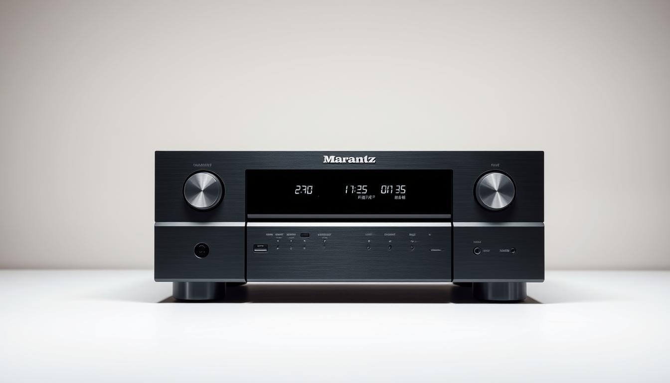 A sleek and modern Marantz audio receiver displayed in a minimalist studio setting. The receiver is positioned prominently in the foreground, showcasing its premium design with brushed metal and a bold digital display. The background features a muted, light-colored wall, creating a clean and professional atmosphere. Soft, directional lighting highlights the receiver's details and creates subtle shadows, emphasizing its depth and texture. The overall composition conveys the high-quality, technical nature of the Marantz receiver, suitable for illustrating its detailed specifications.