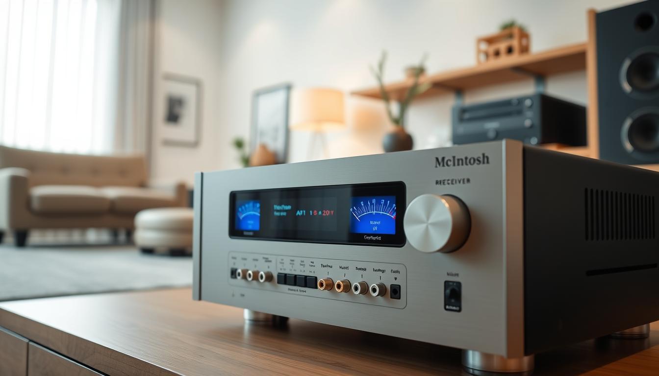 A sleek and modern McIntosh receiver seamlessly integrated into a high-end audio setup. In the foreground, the receiver's iconic minimalist design and distinctive blue power meters take center stage, exuding a sense of premium quality and attention to detail. The middle ground showcases the receiver's various inputs and outputs, including state-of-the-art digital and analog connections, allowing for smooth integration with a range of audio components. In the background, a minimalist, well-lit room sets the stage, with clean lines, warm lighting, and carefully curated decor that complements the receiver's elegant aesthetic. The overall scene conveys a sense of refined sophistication, highlighting the McIntosh receiver's ability to elevate the listening experience within a modern, technologically advanced audio system. A sleek and modern McIntosh receiver seamlessly integrated into a high-end audio setup. In the foreground, the receiver's iconic minimalist design and distinctive blue power meters take center stage, exuding a sense of premium quality and attention to detail. The middle ground showcases the receiver's various inputs and outputs, including state-of-the-art digital and analog connections, allowing for smooth integration with a range of audio components. In the background, a minimalist, well-lit room sets the stage, with clean lines, warm lighting, and carefully curated decor that complements the receiver's elegant aesthetic. The overall scene conveys a sense of refined sophistication, highlighting the McIntosh receiver's ability to elevate the listening experience within a modern, technologically advanced audio system.