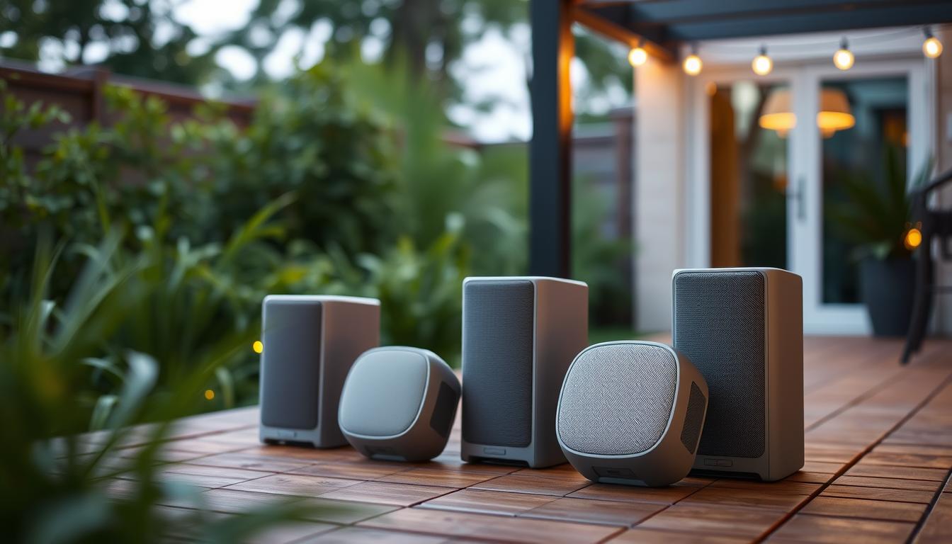 A sleek and modern arrangement of wireless multi-room speakers designed for outdoor use. The speakers are positioned on a wooden deck or patio, surrounded by lush greenery and natural lighting. The speakers have a minimalist, weatherproof design in neutral tones that seamlessly blend with the outdoor environment. Subtle ambient lighting illuminates the scene, creating a warm and inviting atmosphere perfect for entertaining or relaxing. The placement of the speakers suggests a cohesive multi-room audio system, allowing music to flow seamlessly throughout the outdoor living space.