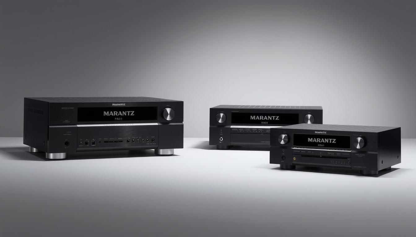 A sleek and modern comparison of Marantz receiver models from the 2016-2020 "4K Era and Voice Control" period. The receivers are arranged in a clean, minimalist studio setting with soft, directional lighting highlighting their elegant designs. The receivers are positioned at an angle, showcasing their advanced connectivity ports and stylish brushed metal or black finishes. The background is a simple, muted color that allows the receivers to take center stage. The overall mood is one of sophistication and technological progress, reflecting the advancements in home audio during this pivotal period.