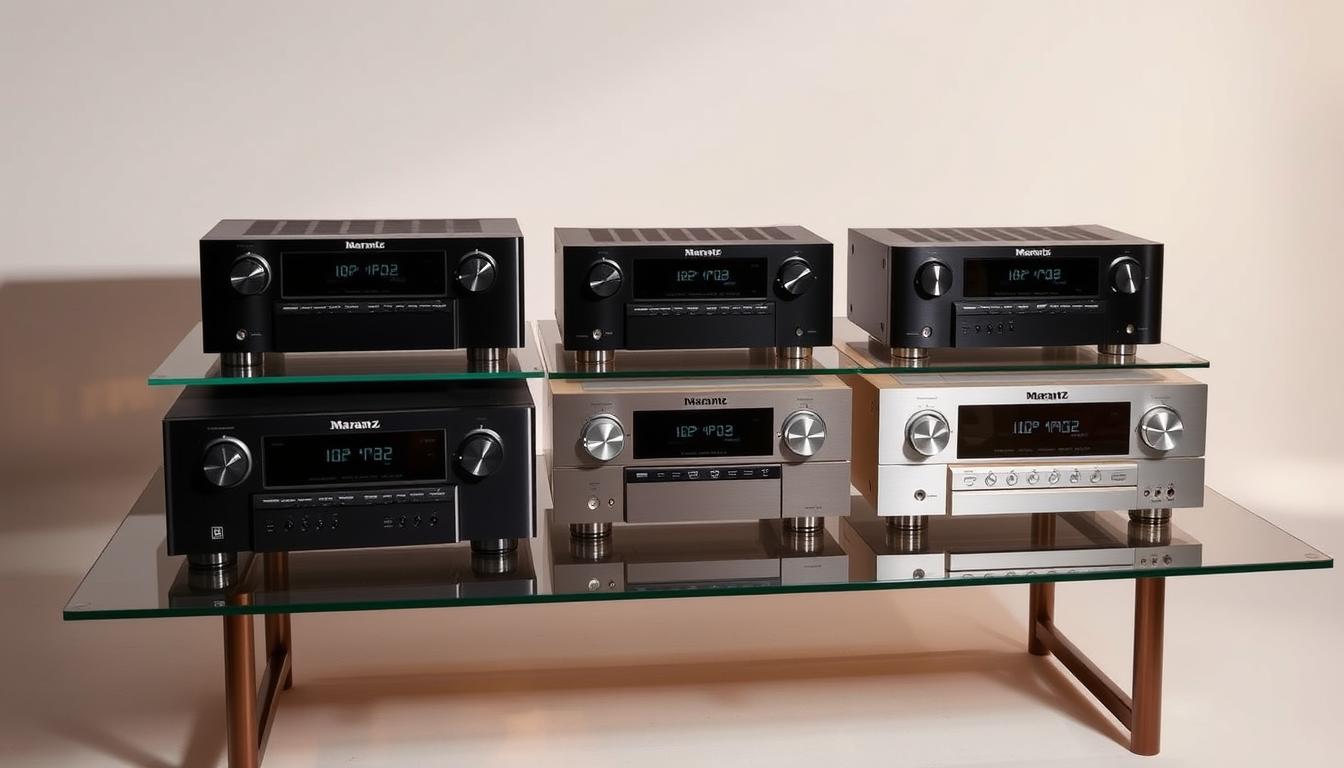 A sleek and modern comparison of Marantz receiver models, showcased in a stylish studio setting. The receivers are arranged neatly on a glass display table, illuminated by warm, directional lighting that casts subtle shadows and highlights their premium finishes. The background is a minimalist, monochrome backdrop, allowing the products to take center stage. The image conveys a sense of high-end audio excellence, providing a clear and visually appealing representation of the Marantz receiver lineup for the article's section on choosing the right model.