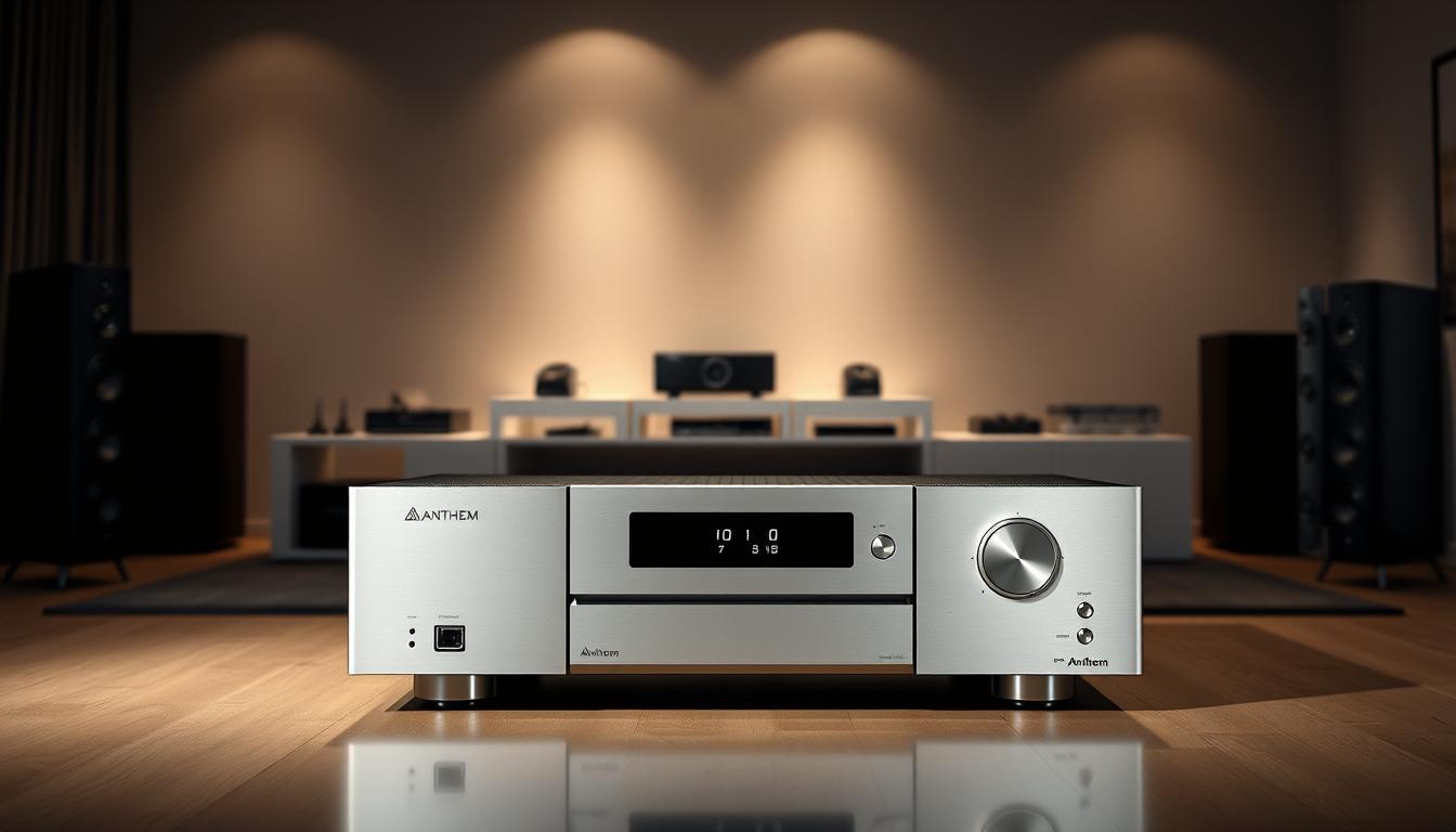A sleek and modern home theater receiver showcased in a stylish, well-lit setting. In the foreground, the Anthem MRX Series receiver stands prominently, its clean lines and premium aluminum finish catching the eye. The middle ground features high-end audio equipment and accessories, hinting at the receiver's advanced capabilities. The background depicts a minimalist, high-end living room environment, with subtle lighting accentuating the receiver's sophisticated design. The overall scene conveys a sense of luxury, technology, and the pinnacle of home entertainment, perfectly capturing the essence of the Anthem MRX Series as the flagship of home theater receivers.