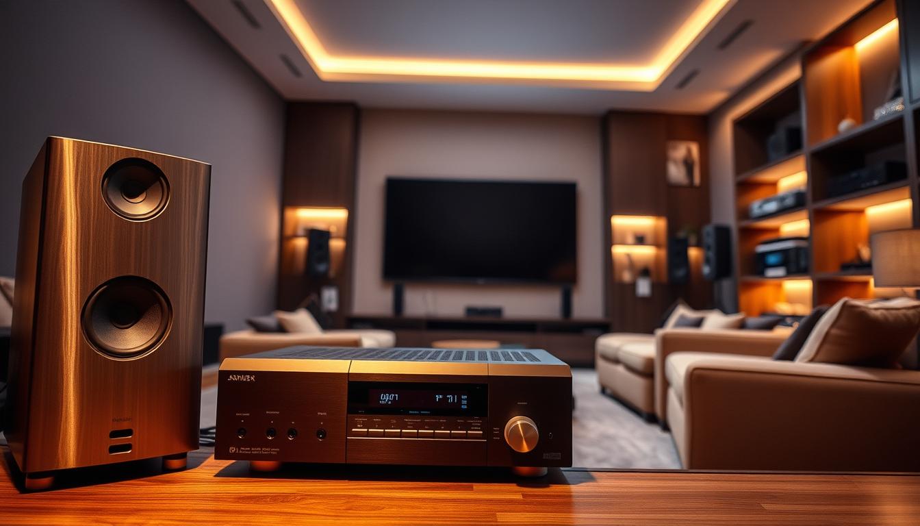 A sleek and modern home theater setup, bathed in warm, ambient lighting. In the foreground, a high-end audio system with sleek, brushed-metal speakers and a state-of-the-art receiver prominently displayed. In the middle ground, a large, cinema-quality display mounted on the wall, flanked by elegant shelving units housing various media components. The background features a cozy, minimalist living space with plush seating and subtle décor, creating a harmonious and immersive entertainment experience. The scene conveys a sense of sophistication, technological integration, and a dedicated focus on audio-visual perfection.