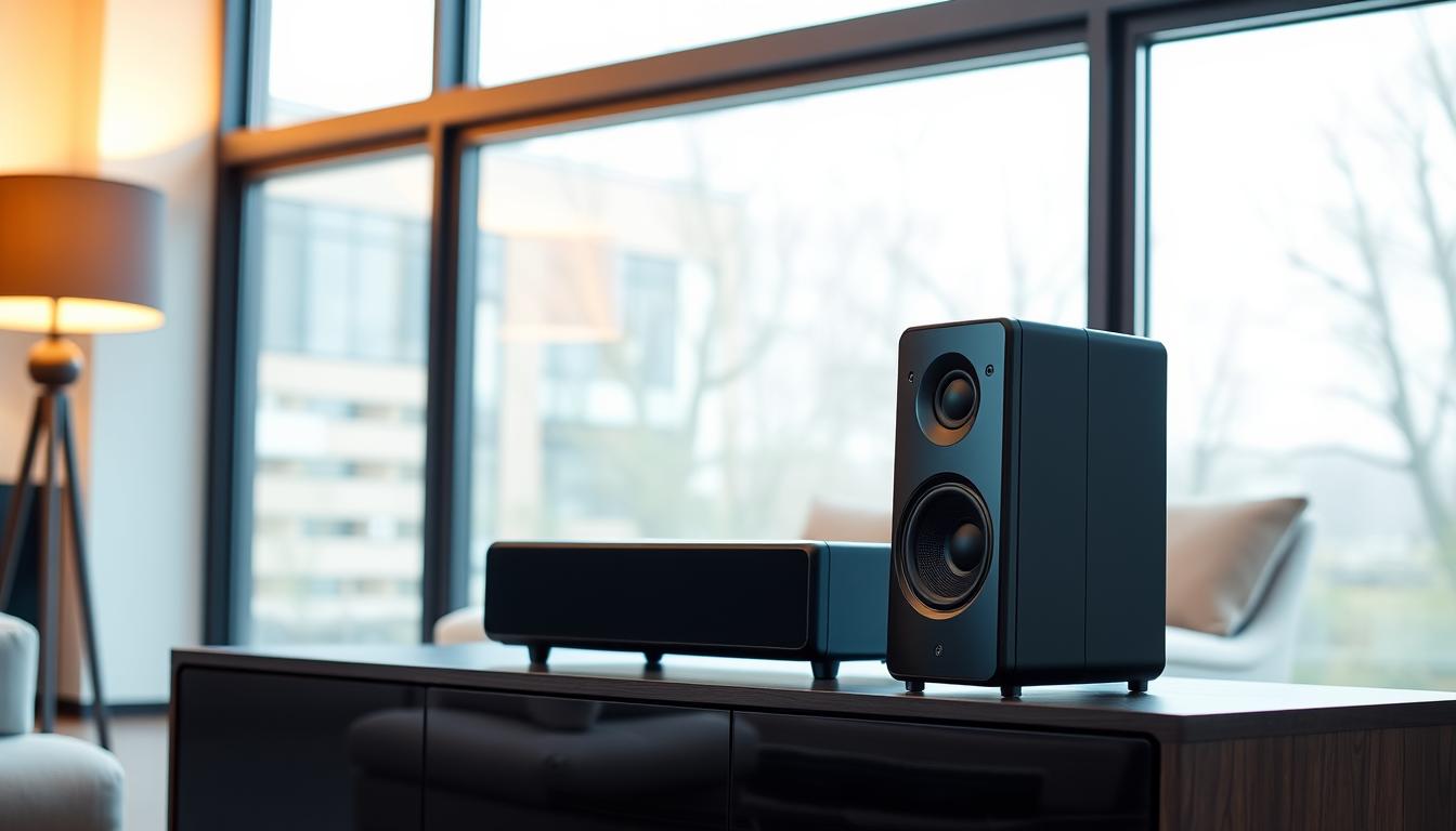 A sleek and modern wireless home theater setup, featuring a pair of stylish black speakers elegantly positioned on a floating media console. The speakers have a minimalist, streamlined design with subtle curves and clean lines, blending seamlessly into the living room environment. Soft, warm lighting from a nearby floor lamp creates a cozy, cinematic atmosphere, while large windows in the background allow natural daylight to filter in, creating a balanced and inviting ambiance. The scene exudes a sense of effortless integration, where the wireless speakers seamlessly expand the home theater experience without visually dominating the space. A sleek and modern wireless home theater setup, featuring a pair of stylish black speakers elegantly positioned on a floating media console. The speakers have a minimalist, streamlined design with subtle curves and clean lines, blending seamlessly into the living room environment. Soft, warm lighting from a nearby floor lamp creates a cozy, cinematic atmosphere, while large windows in the background allow natural daylight to filter in, creating a balanced and inviting ambiance. The scene exudes a sense of effortless integration, where the wireless speakers seamlessly expand the home theater experience without visually dominating the space.