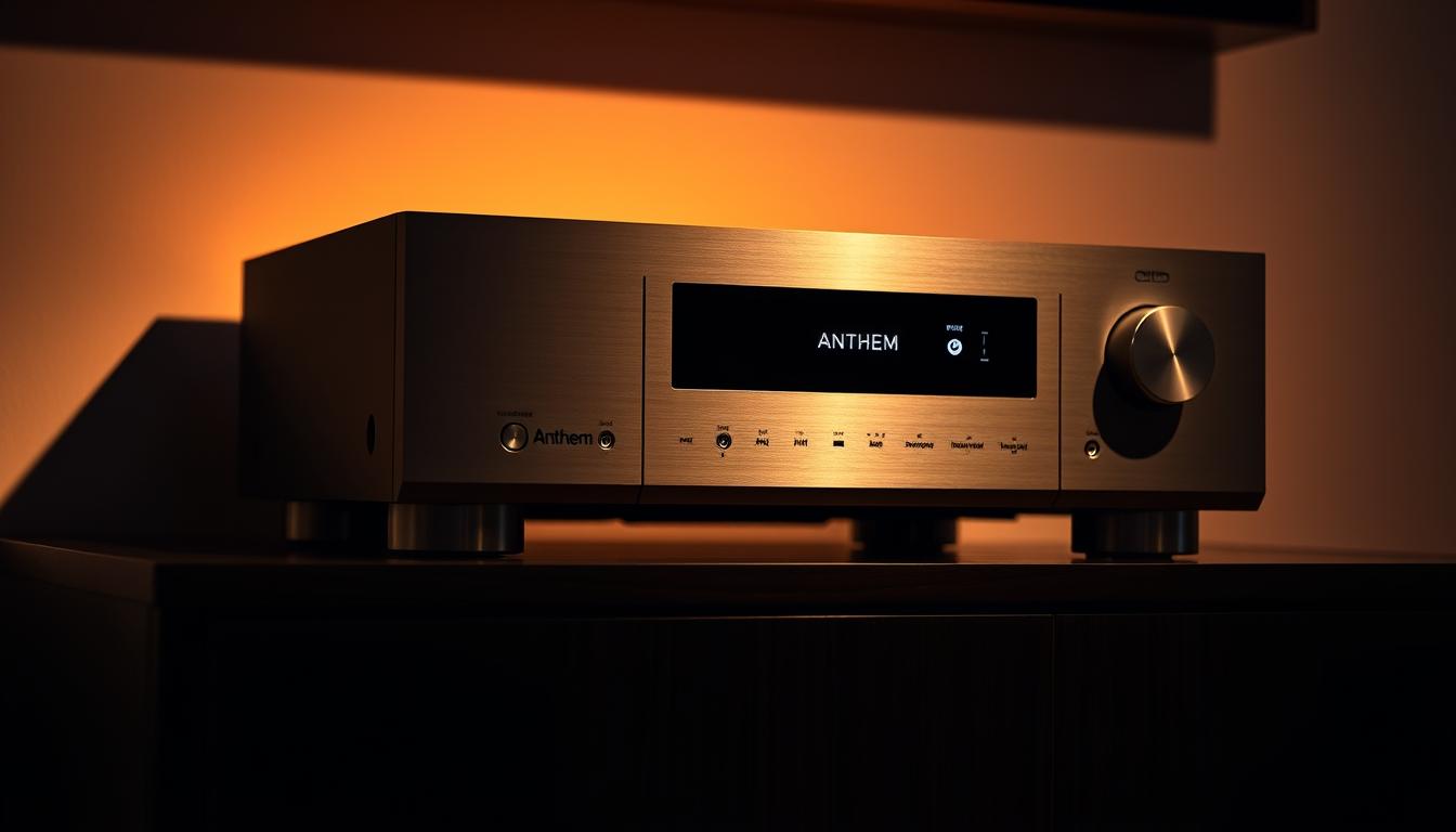 A sleek and sophisticated Anthem MRX series audio receiver, bathed in warm, ambient lighting. The brushed aluminum front panel gleams, accented by minimalist controls and a centralized display. The receiver sits atop a dark, wooden entertainment unit, casting a subtle shadow that adds depth and dimension. The background is slightly blurred, drawing the viewer's attention to the expertly crafted, second-generation Anthem receiver - a timeless, high-performance component for the modern home theater.